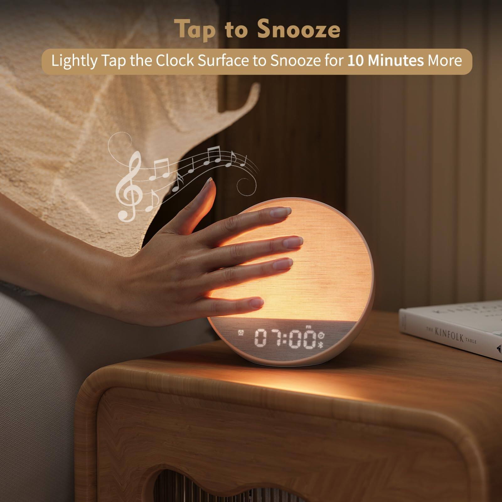 Tap to Snooze  
Lightly Tap the Clock Surface to Snooze for 10 Minutes More
