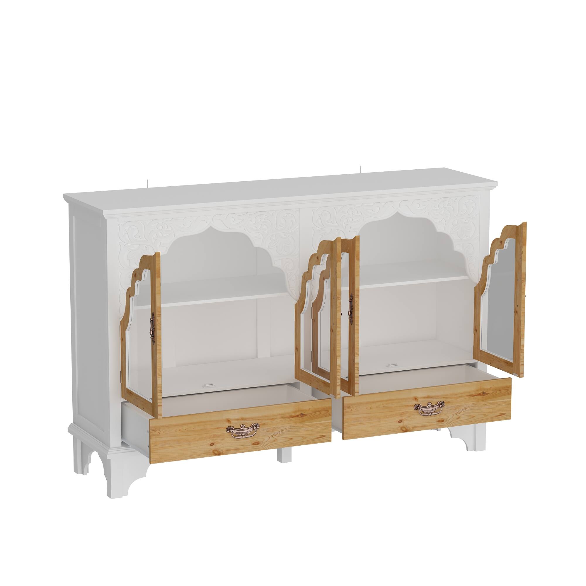 Angle. FUFU & GAGA - FUFU&GAGA Carved Glass - Door Sideboard: Vintage Storage, Mixed - Material, Multi - Drawer - White.