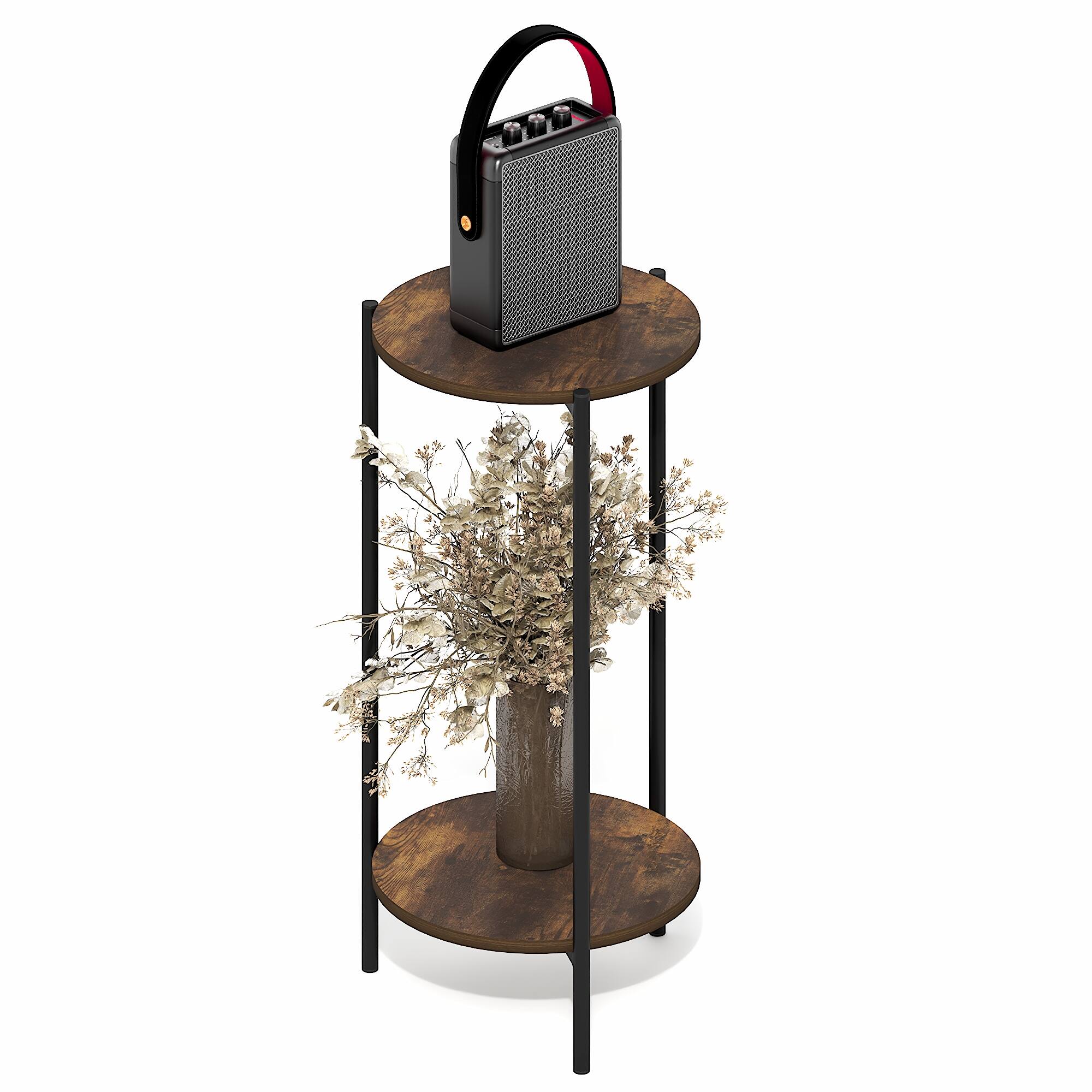 Alt View 4. Furinno - BESI Side Table, Tall Round Narrow End Table, Metal Frame Night Stand, Bedside Table with Open Shelf, Easy Assembly - Amber Pine.