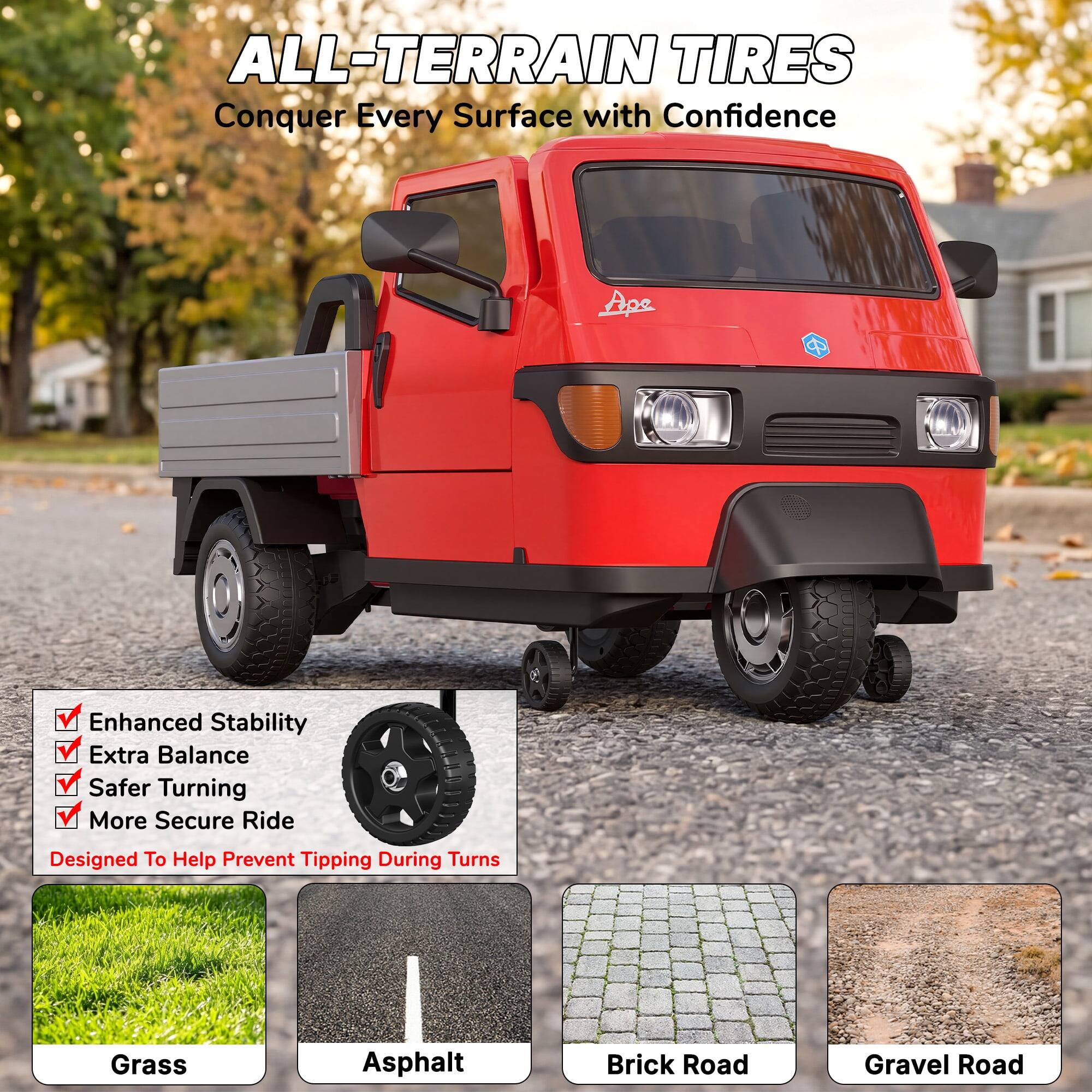 ALL-TERRAIN TIRES  
Conquer Every Surface with Confidence

- Enhanced Stability
- Extra Balance
- Safer Turning
- More Secure Ride

Designed To Help Prevent Tipping During Turns

- Grass
- Asphalt
- Brick Road
- Gravel Road