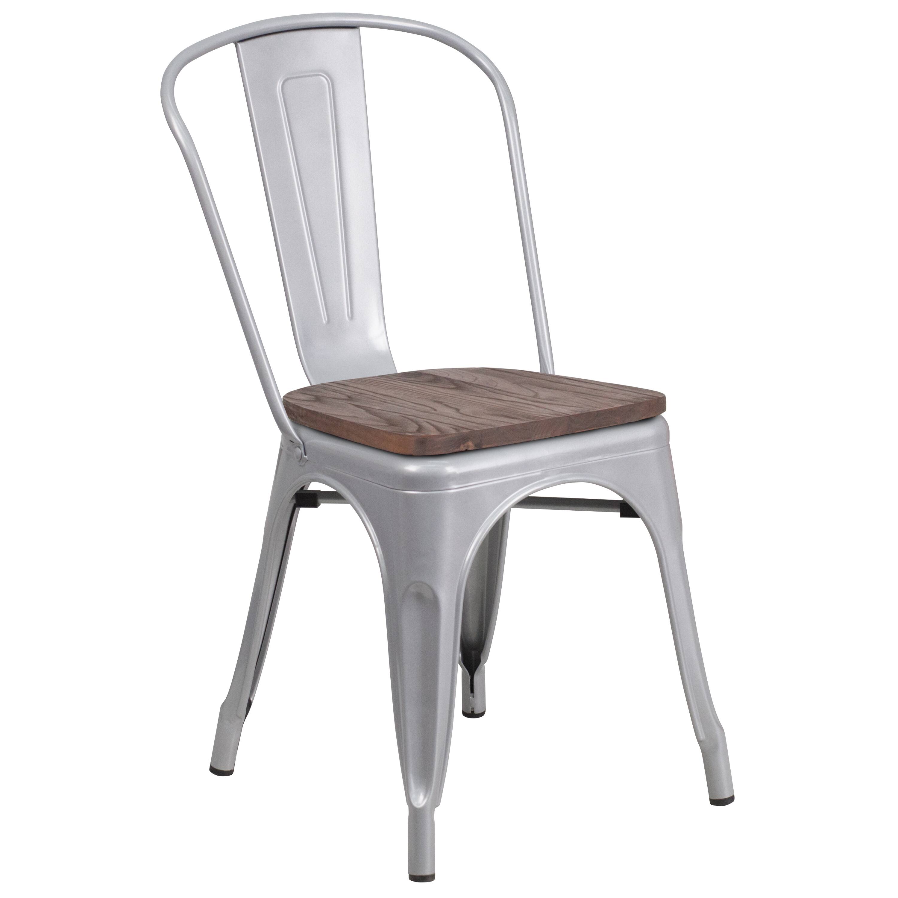 Alt View 1. Emma + Oliver - Colorful Metal Stackable Dining Chair with Wood Seat - Silver.