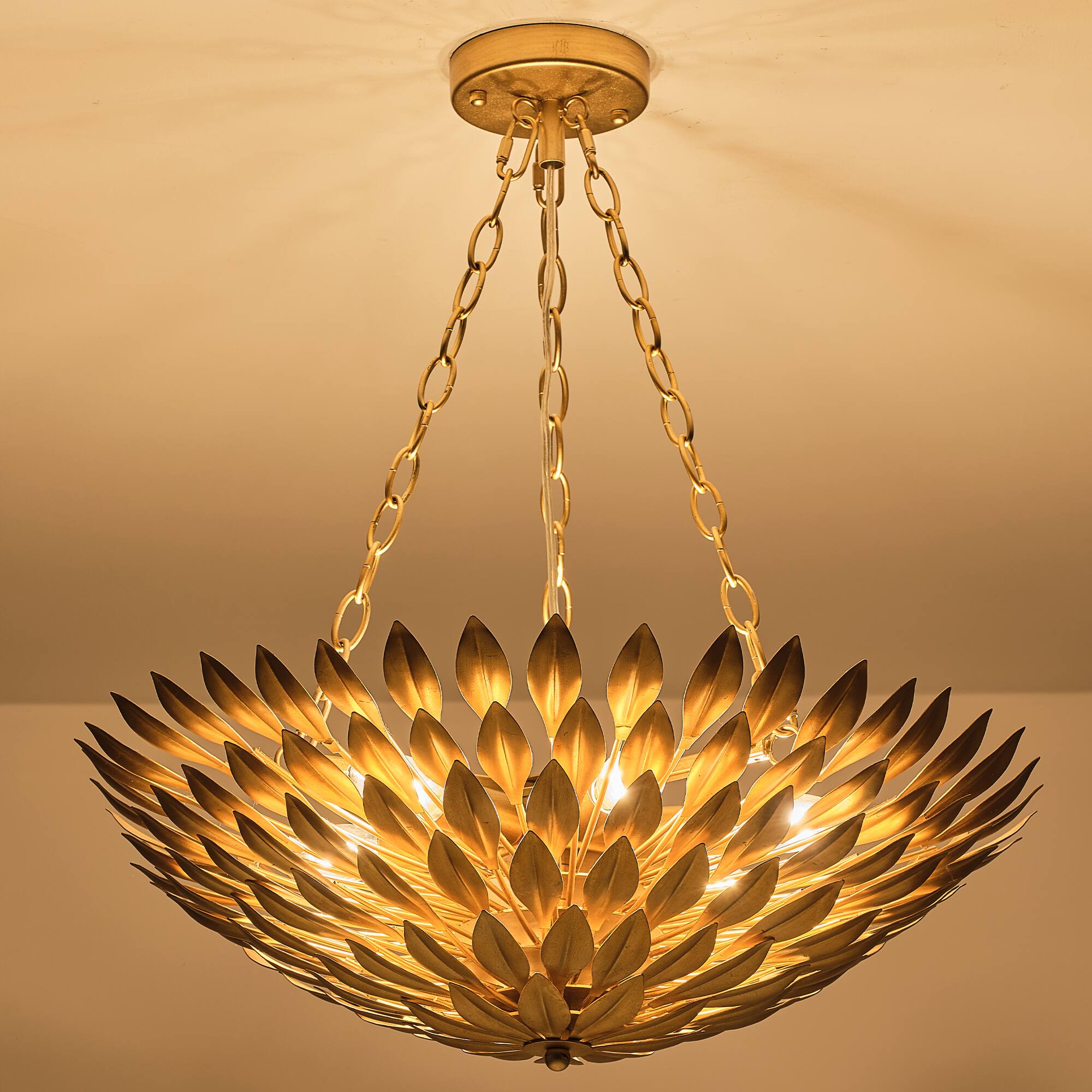 Alt View 6. Parrot Uncle - Antique Gold 6-Light Olive Leaf Convertible Chandelier Light - Antique Gold.