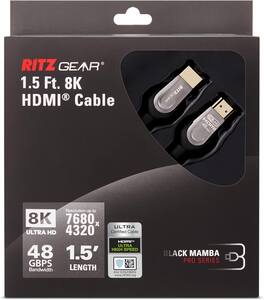 Ritz Gear - 8K HDMI 2.1 Cable 1.5 ft | 48Gbps Ultra High-Speed Braided Nylon & Gold | 10K/8K@60Hz/4K@120Hz/UHD/ARC - Black