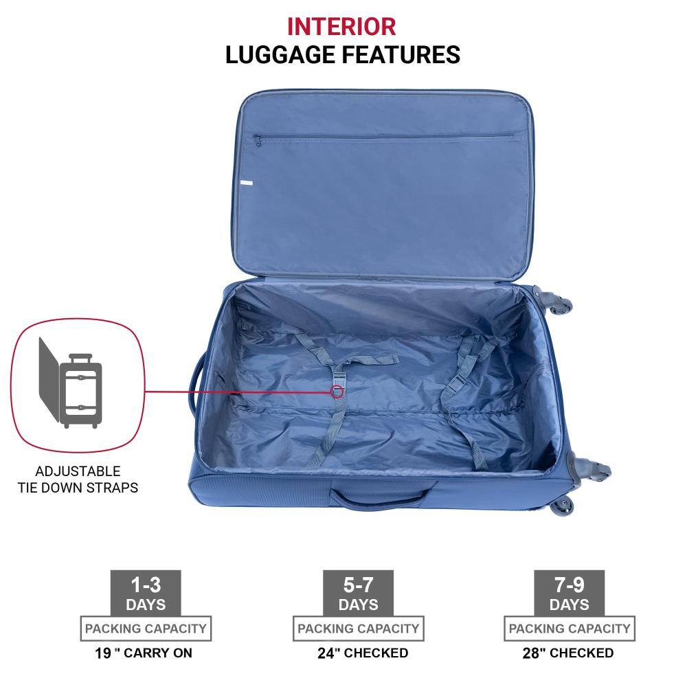 INTERIOR LUGGAGE FEATURES

ADJUSTABLE TIE DOWN STRAPS

1-3 DAYS
PACKING CAPACITY
19" CARRY ON

5-7 DAYS
PACKING CAPACITY
24" CHECKED

7-9 DAYS
PACKING CAPACITY
28" CHECKED