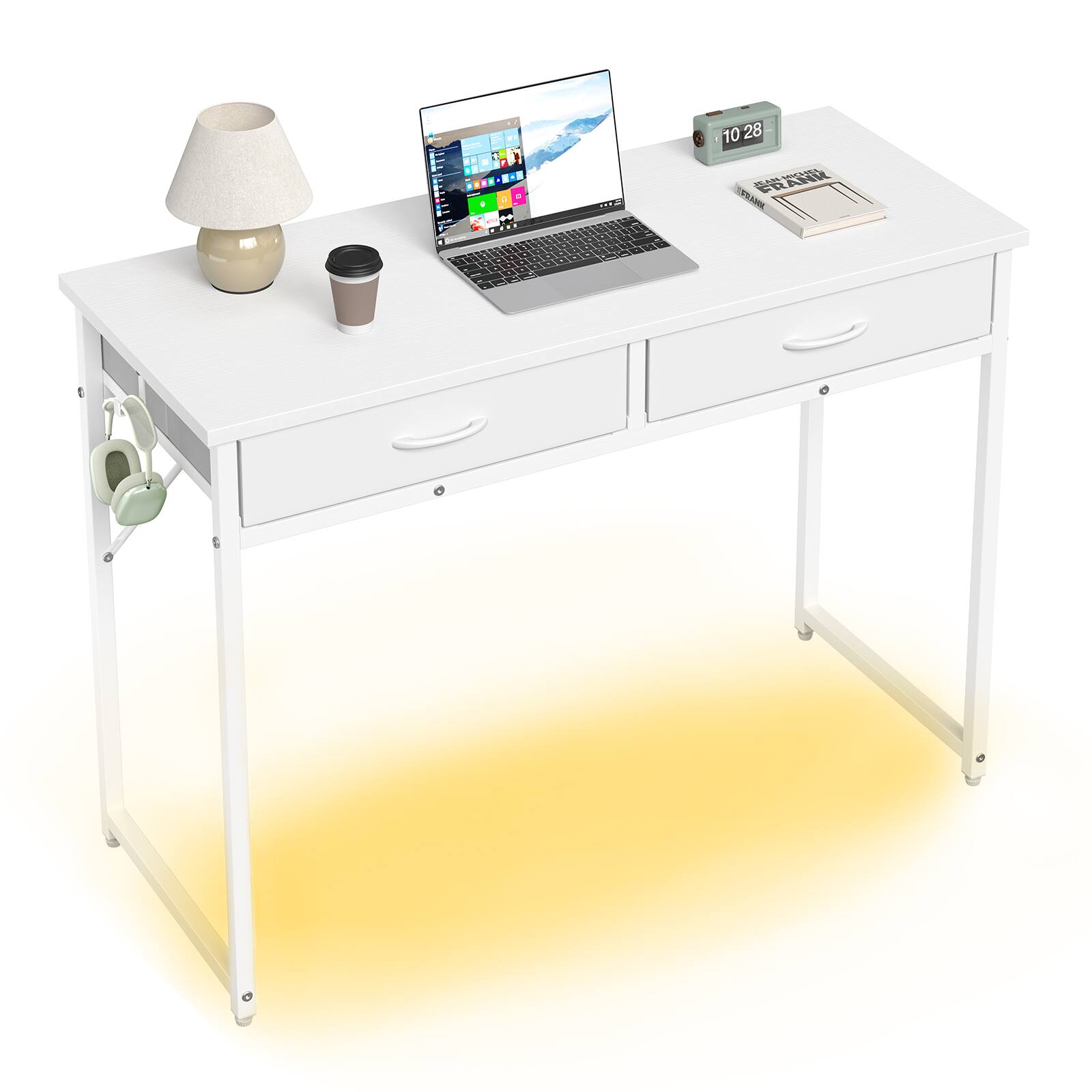 Alt View 4. Pinmoco - Pinmoco 32"/42" Small Computer Desk with RGB LED Lights & 2 Fabric Drawers, Modern Dorm Study Desk for Small Spaces - 42" White.