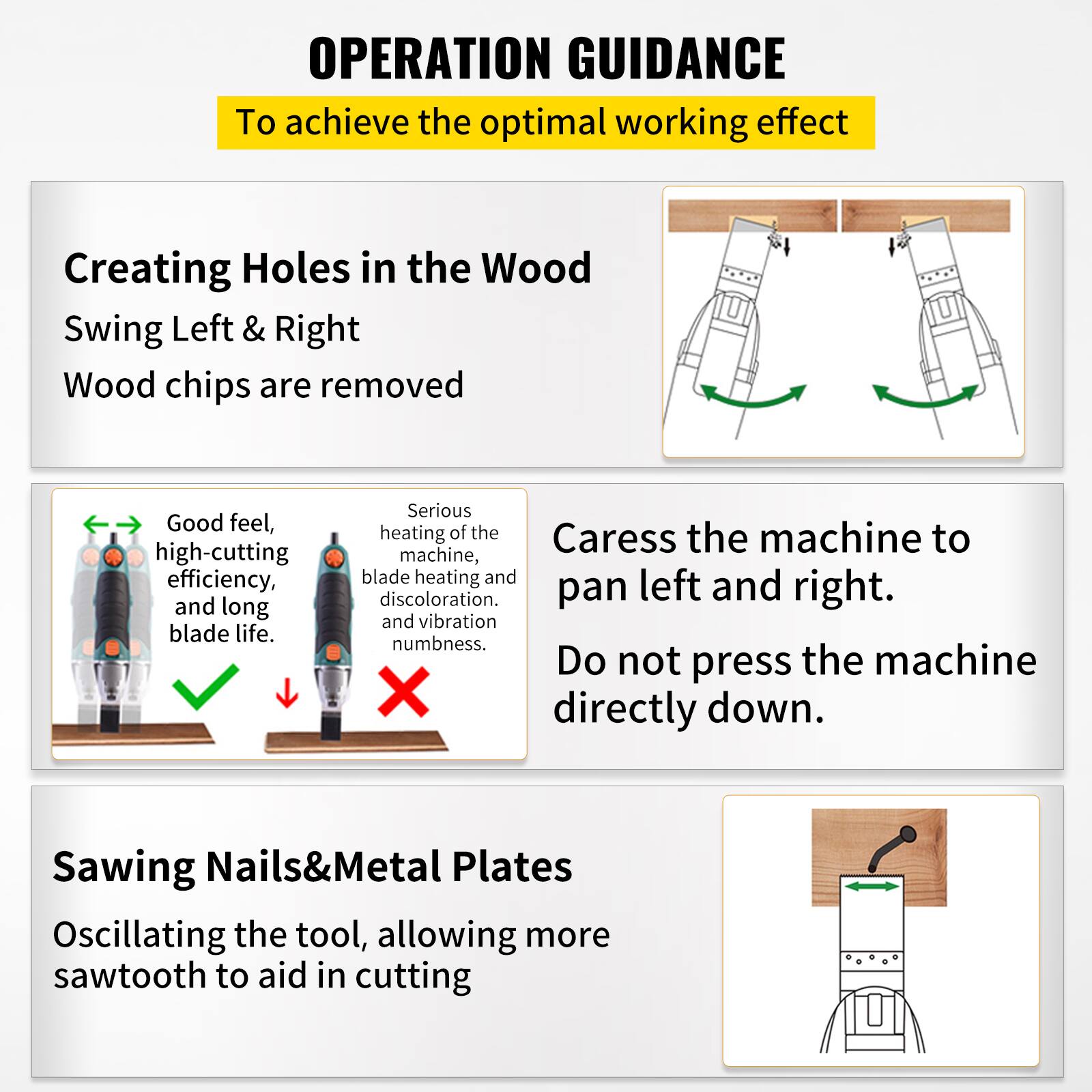 **OPERATION GUIDANCE**

To achieve the optimal working effect

**Creating Holes in the Wood**

- Swing Left & Right
- Wood chips are removed

**Good feel, high-cutting efficiency, and long blade life.**

**Serious heating of the machine, blade heating and discoloration, and vibration numbness.**

- Carefully pan left and right.
- Do not press the machine directly down.

**Sawing Nails & Metal Plates**

- Oscillating the tool, allowing more sawtooth to aid in cutting