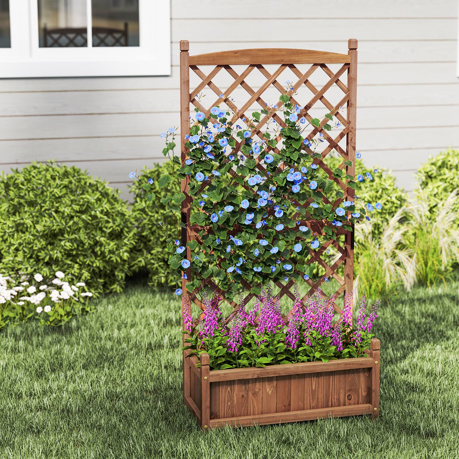 Alt View 3. Gymax - Gymax 60'' Tall Raised Garden Bed w/ Diamond Lattice Trellis Drainage Holes Outdoor - Brown.