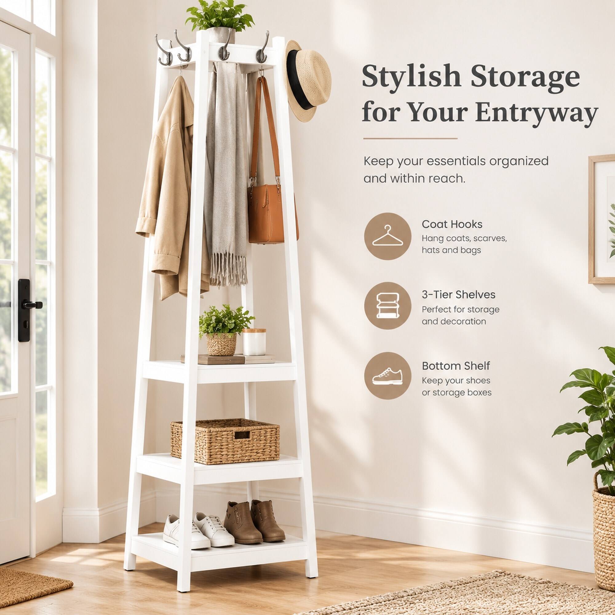 RYHNUYNE Vassen Wood Coat Rack, 3 Tier Storage Shelves, 17.5 x 17.5 x ...