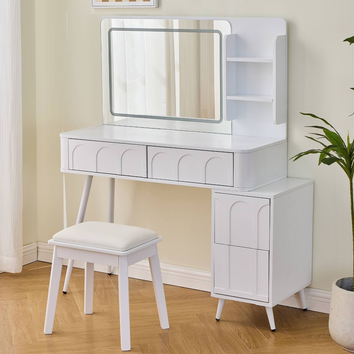 Alt View 6. Loheer - Loheer Makeup Vanity Desk with LED Mirror, White Vanity Table with Stool, Adjustable Length Design - White.