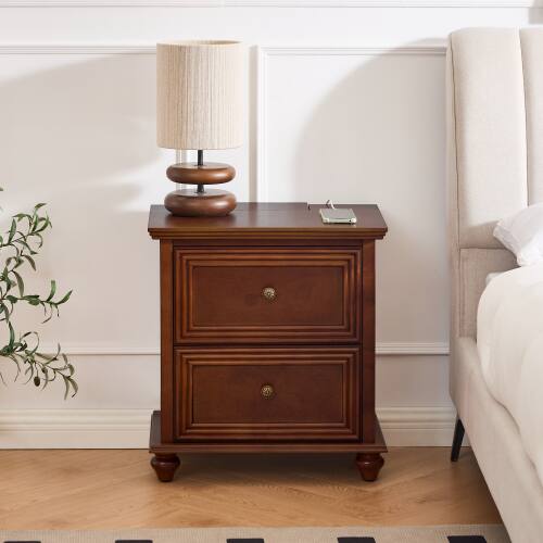 Left. LUCKY ONE - 22.9" Mid Century Nightstand with Charging Station 2 Drawers USB - Walnut.
