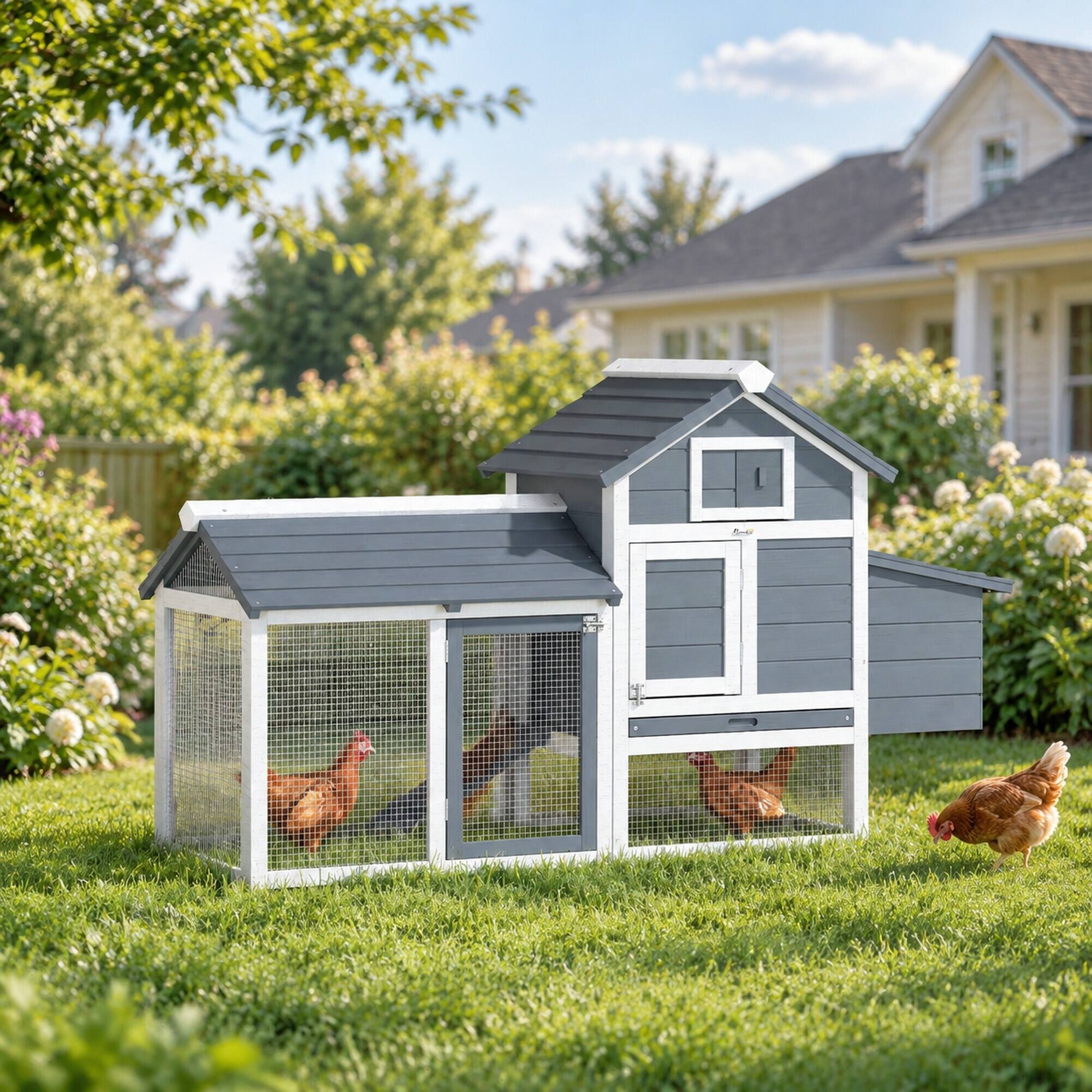 Left. RYHNUYNE - 59 in Wooden Chicken Coop, Fir Wood Hen House, Nesting Box, Removable Tray, White.
