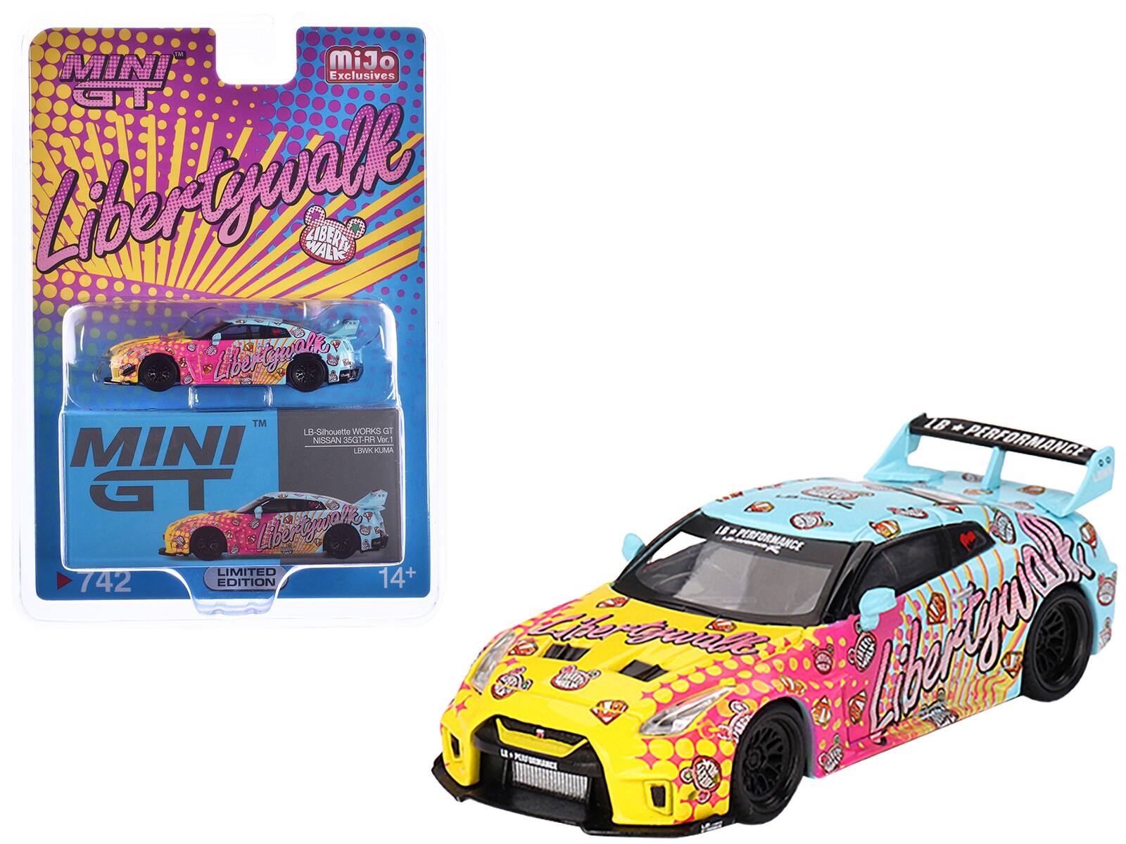 Mini GT - Nissan 35GT-RR Ver.1 "LB-Silhouette Works GT" with Graphics "LBWK KUMA" Limited Edition 1/64 - Light Blue And Yellow
