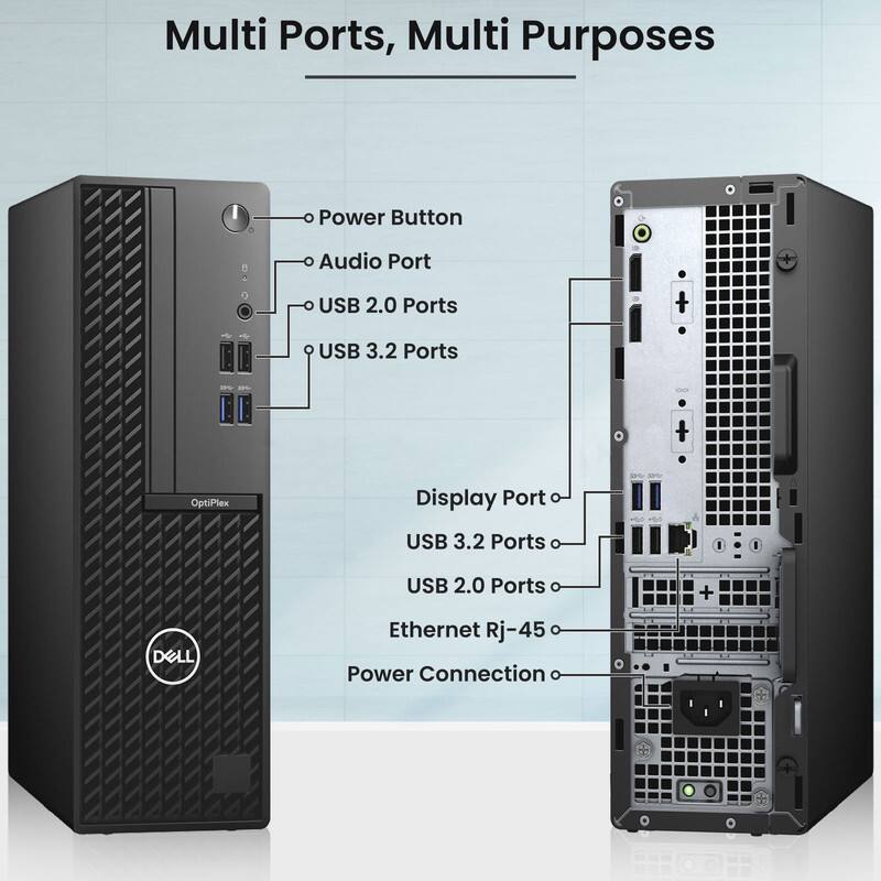 Multi Ports, Multi Purposes

- Power Button
- Audio Port
- USB 2.0 Ports
- USB 3.2 Ports
- Display Port
- USB 3.2 Ports
- USB 2.0 Ports
- Ethernet RJ-45
- Power Connection