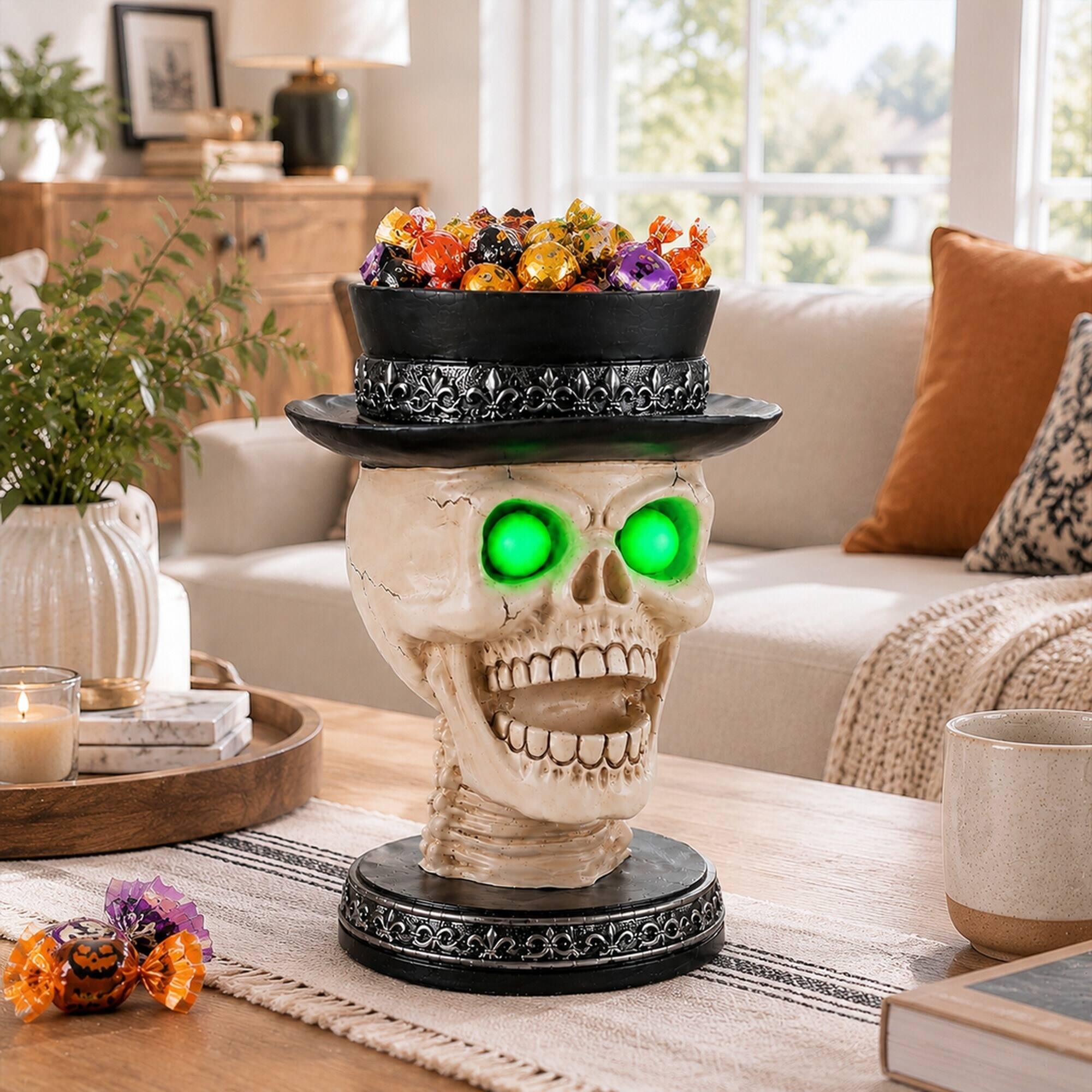 Back. RYHNUYNE - Halloween Skull Candle Holder with Glowing Green LED Eyes and Top Hat, Gothic Skeleton Statue Decor for Spooky - Black.