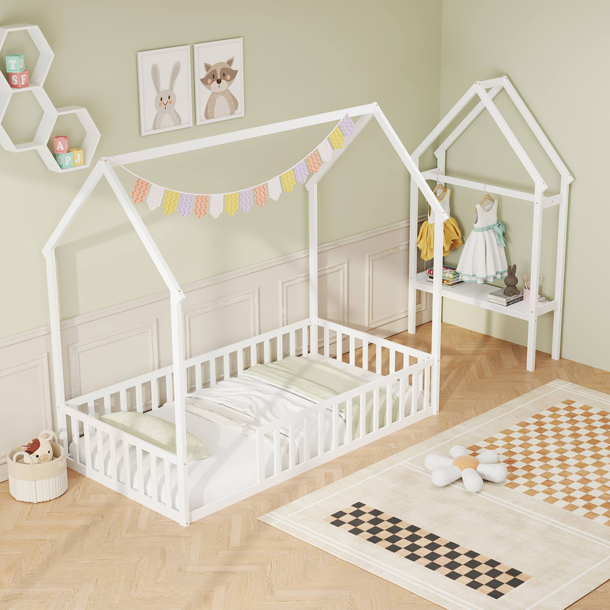 Alt View 3. Gymax - Gymax Twin House Floor Bed w/ Storage Shelf & Detachable Clothes Hanger Guardrails - White.