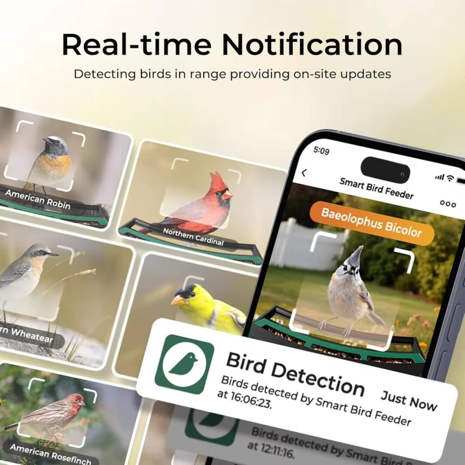 Real-time Notification  
Detecting birds in range providing on-site updates

- American Robin
- Northern Cardinal
- Baeolophus Bicolor
- Northern Wheatear
- American Rosefinch

Bird Detection  
Birds detected by Smart Bird Feeder at 16:06:23.  
Birds detected by Smart Bird Feeder at 12:11:16.