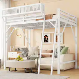 GOODSILO - Queen Size Metal Loft Bed with Storage Shelves and Ladder for Kids and Teens - White