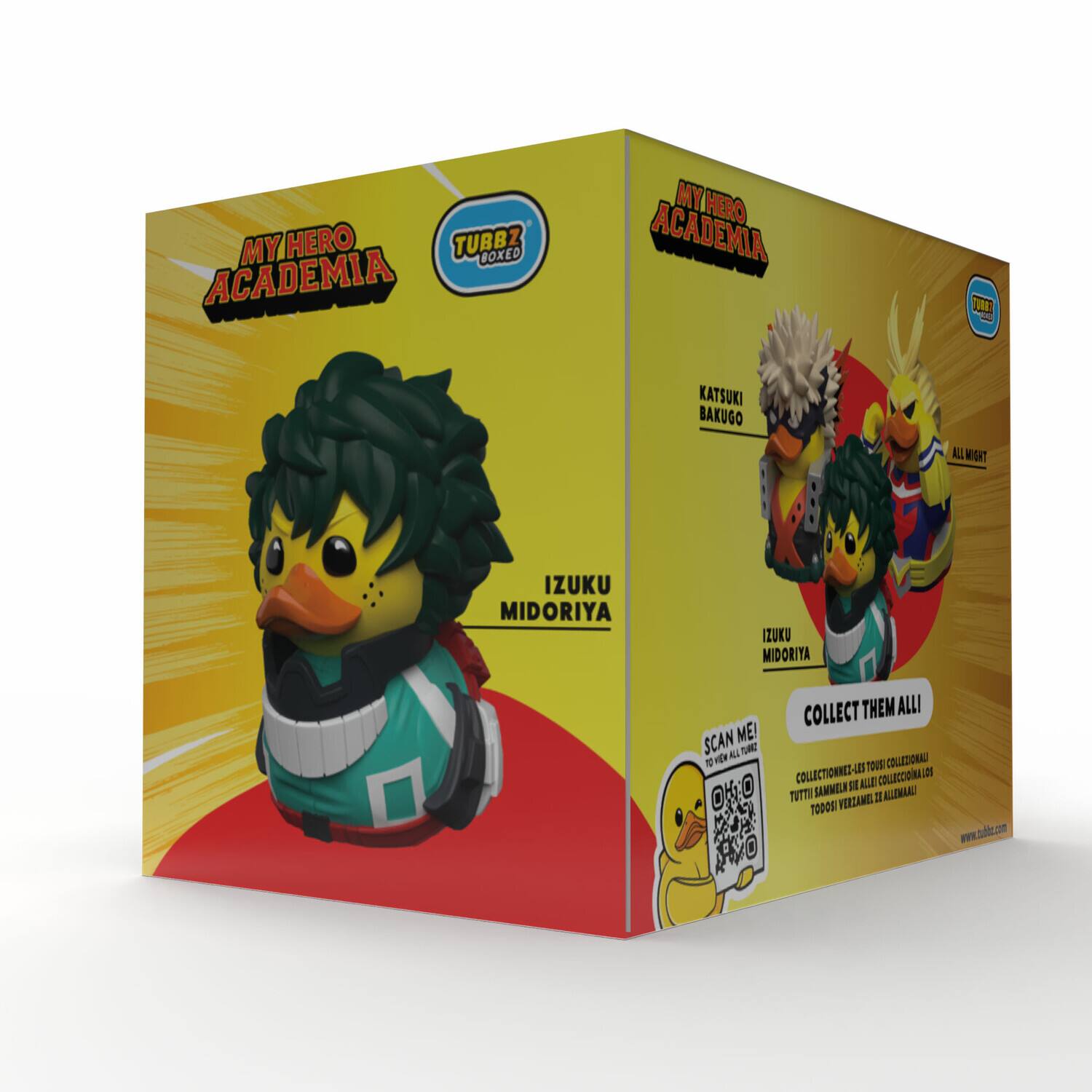 MY HERO ACADEMIA  
TUBBZ BOXED  

IZUKU MIDORIYA  

KATSUKI BAKUGO  
ALL MIGHT  

COLLECT THEM ALL!  

SCAN ME!  
TO VIEW ALL TUBBZ  

www.tubbz.com  

COLLECT THEM ALL!  
COLLECTIONNEZ TOUS LES COLLECTIONNABLES  
TUTTI SAMMELN SIE ALLE COLLECTIONNABAREN  
COLECCIONA TODOS LOS VENGALES  
TODOS VENGALES ALMACENAR