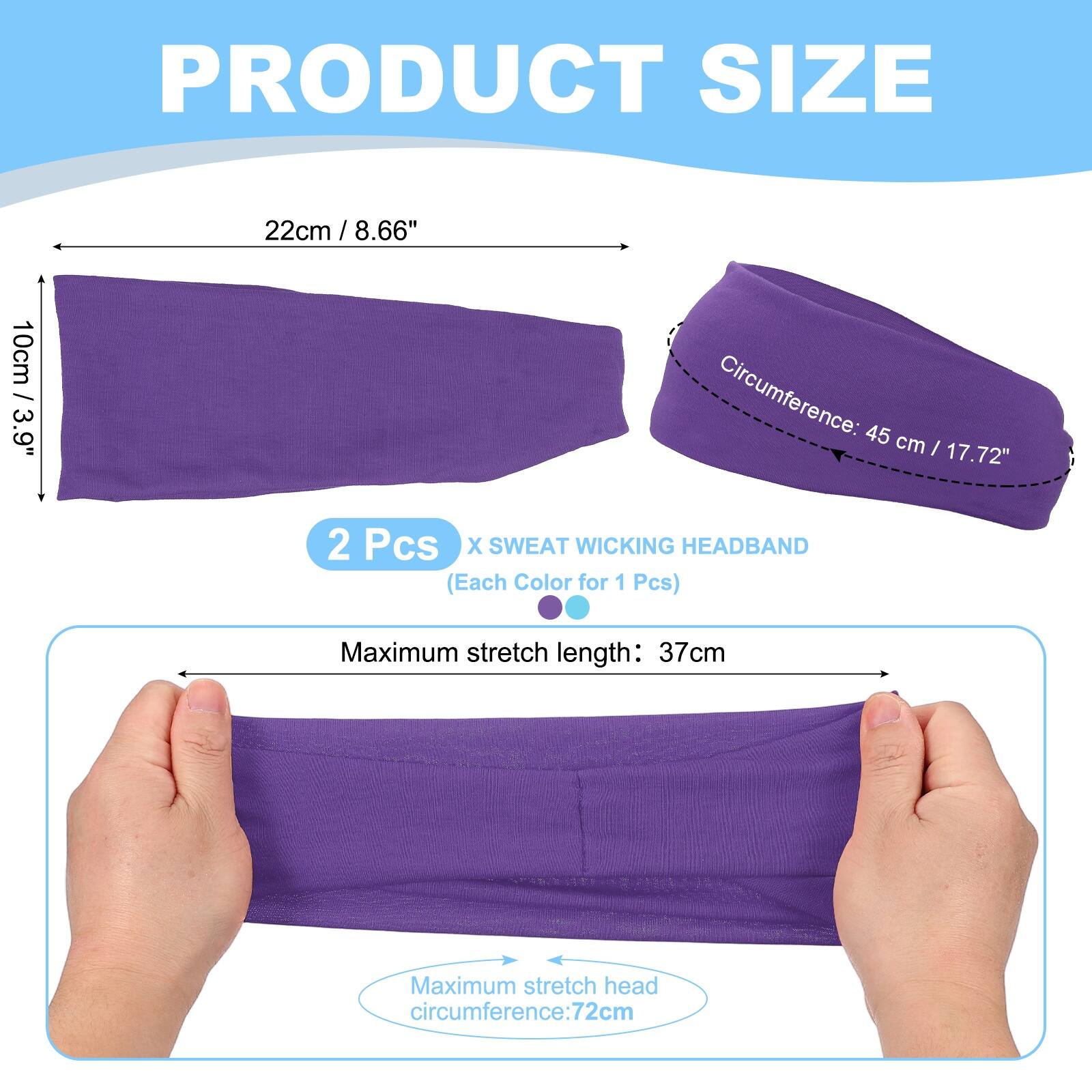 PRODUCT SIZE

22cm / 8.66"  
10cm / 3.9"  
Circumference: 45 cm / 17.72"  

2 Pcs X SWEAT WICKING HEADBAND (Each Color for 1 Pcs)  

Maximum stretch length: 37cm  
Maximum stretch head circumference: 72cm