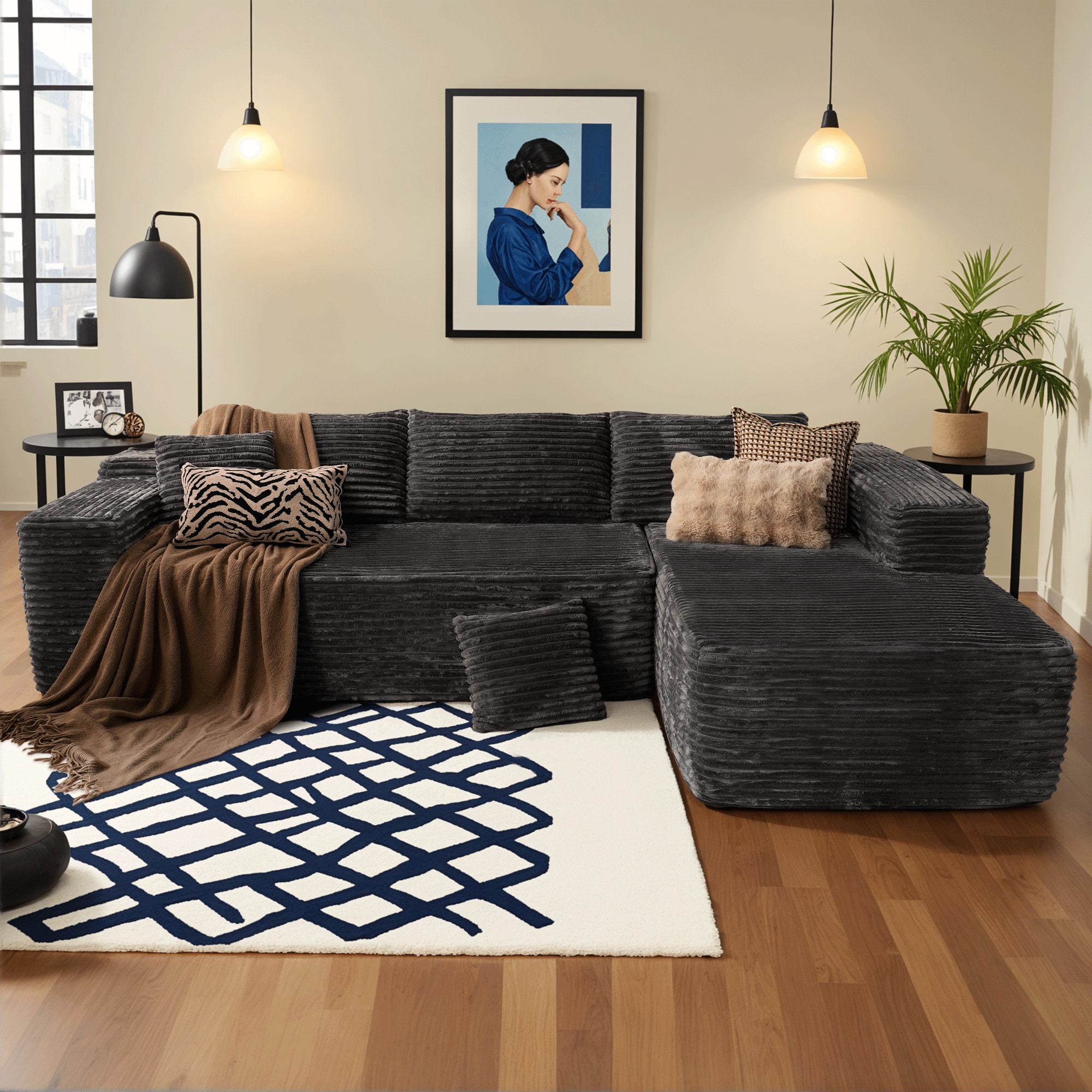 Front. Ovios - 104" Modular Sectional Sofa with Chaise, Modern L Shaped Couch for Living Room - Grey(Plush Corduroy, Right Facing).