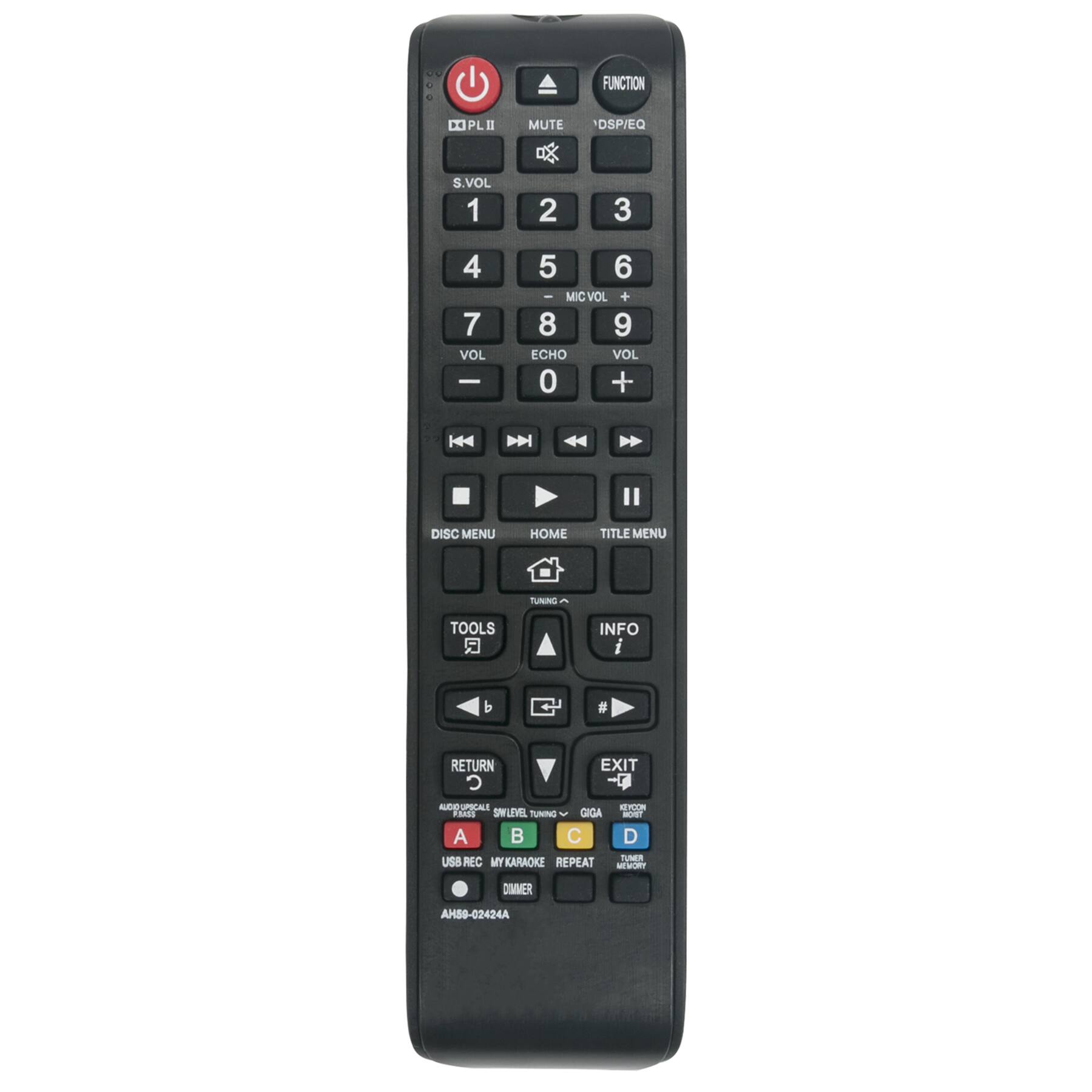 FUNCTION  
PLII MUTE DSP/EQ  
S.VOL 1 2 3 4 7 VOL - 5 6 - MIC VOL + 8 9 ECHO VOL 0 +  
DISC MENU HOME TITLE MENU TUNING TOOLS INFO RETURN EXIT  
AUDIOSPACIAL SMLEVEL TUNITUD GIGA A B C USB REC MY KARAOKE REPEAT  
AH59-02424A