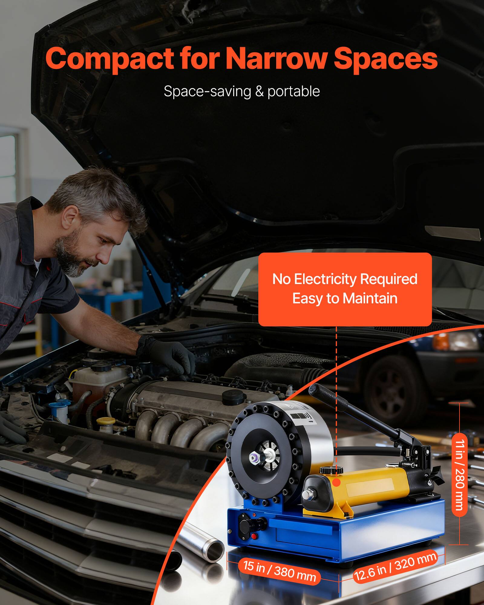 Compact for Narrow Spaces  
Space-saving & portable  

No Electricity Required  
Easy to Maintain  

11 in / 280 mm  
15 in / 380 mm  
12.6 in / 320 mm