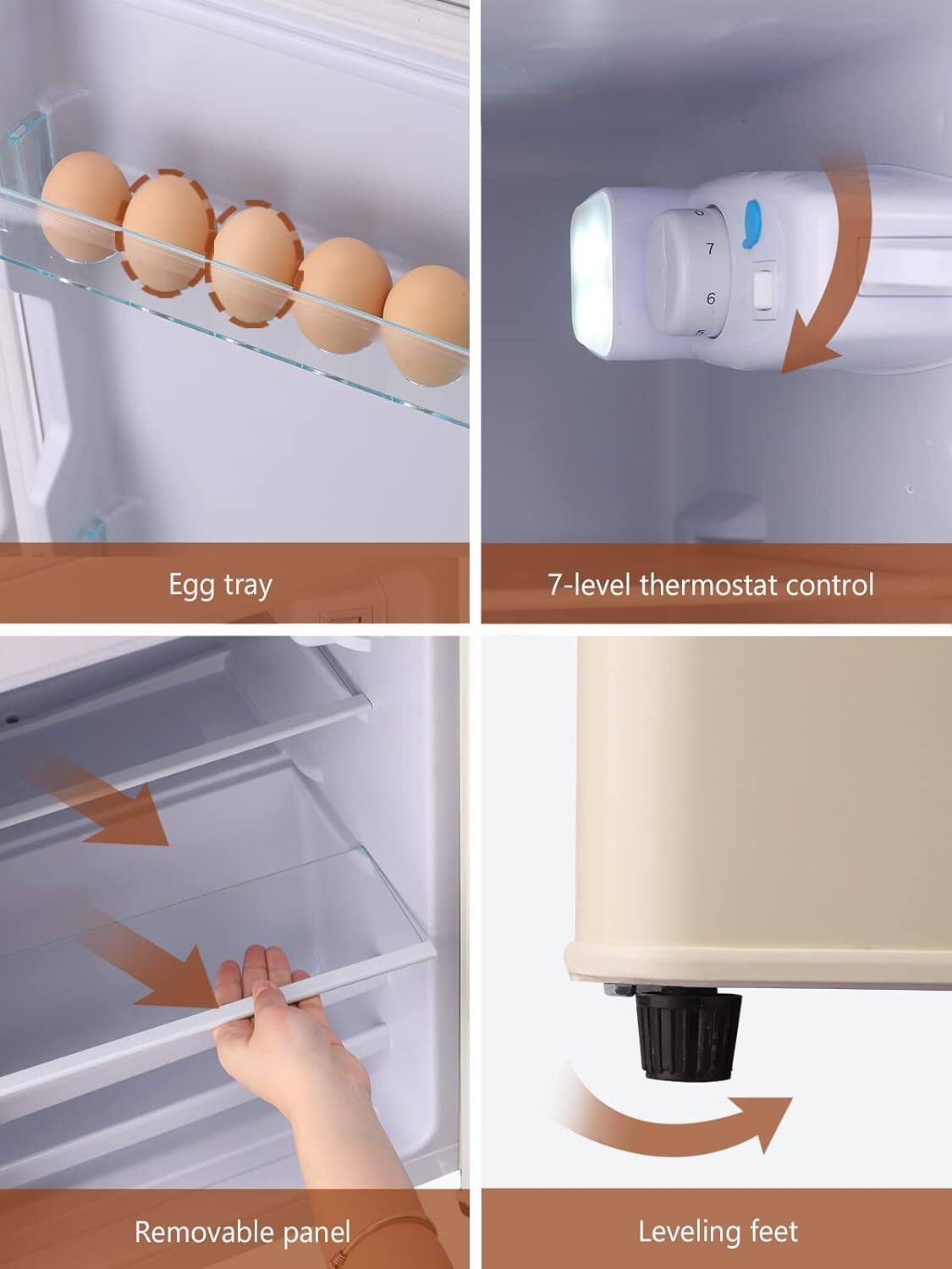 - Egg tray
- 7-level thermostat control
- Removable panel
- Leveling feet