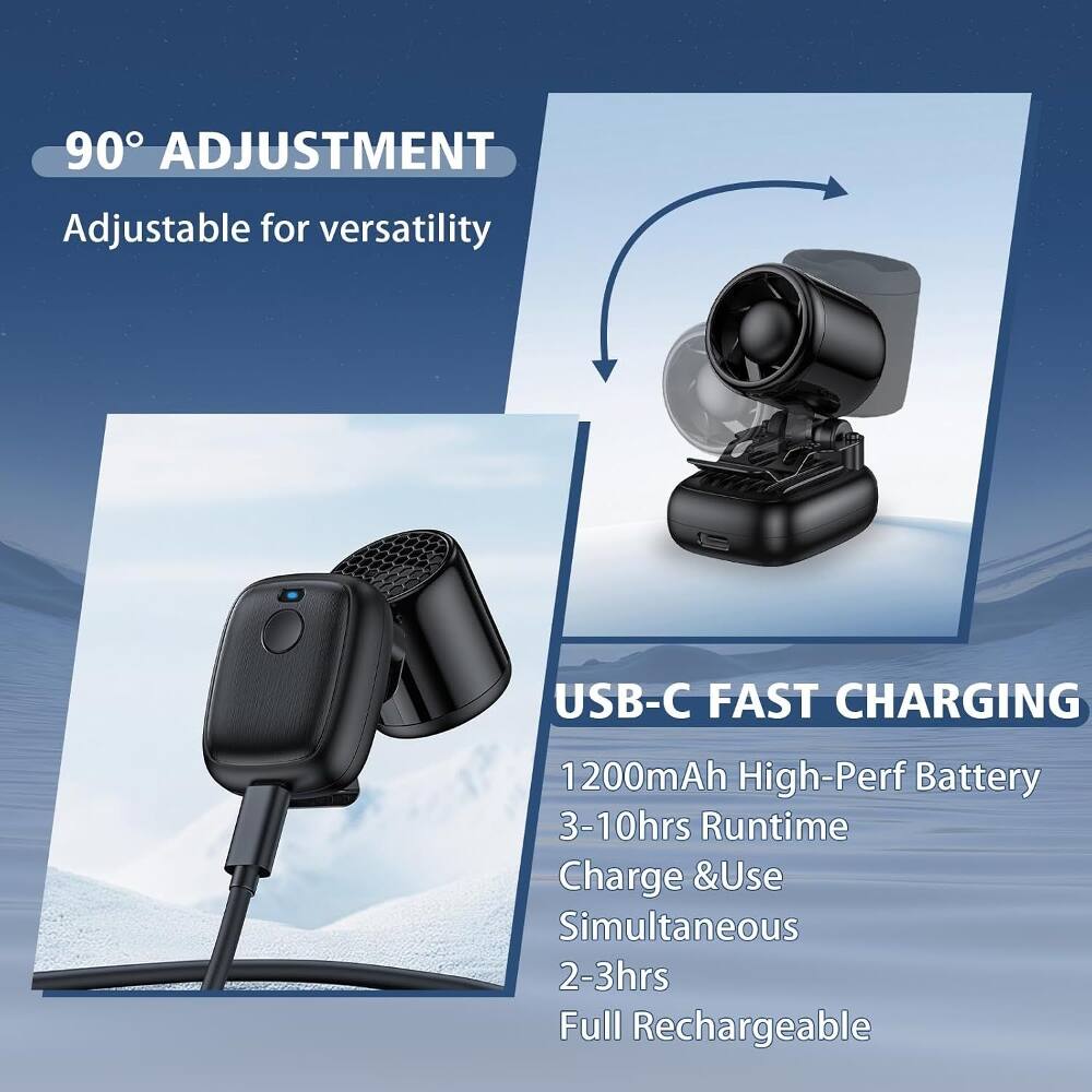 90° ADJUSTMENT  
Adjustable for versatility  

USB-C FAST CHARGING  
1200mAh High-Perf Battery  
3-10hrs Runtime  
Charge & Use Simultaneous  
2-3hrs Full Rechargeable