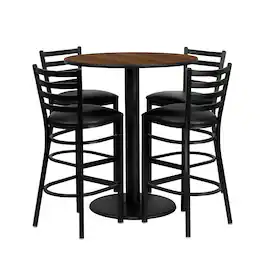 Emma + Oliver - 36'' Round Laminate Table Set with 4 Ladder Back Metal Barstools - Walnut