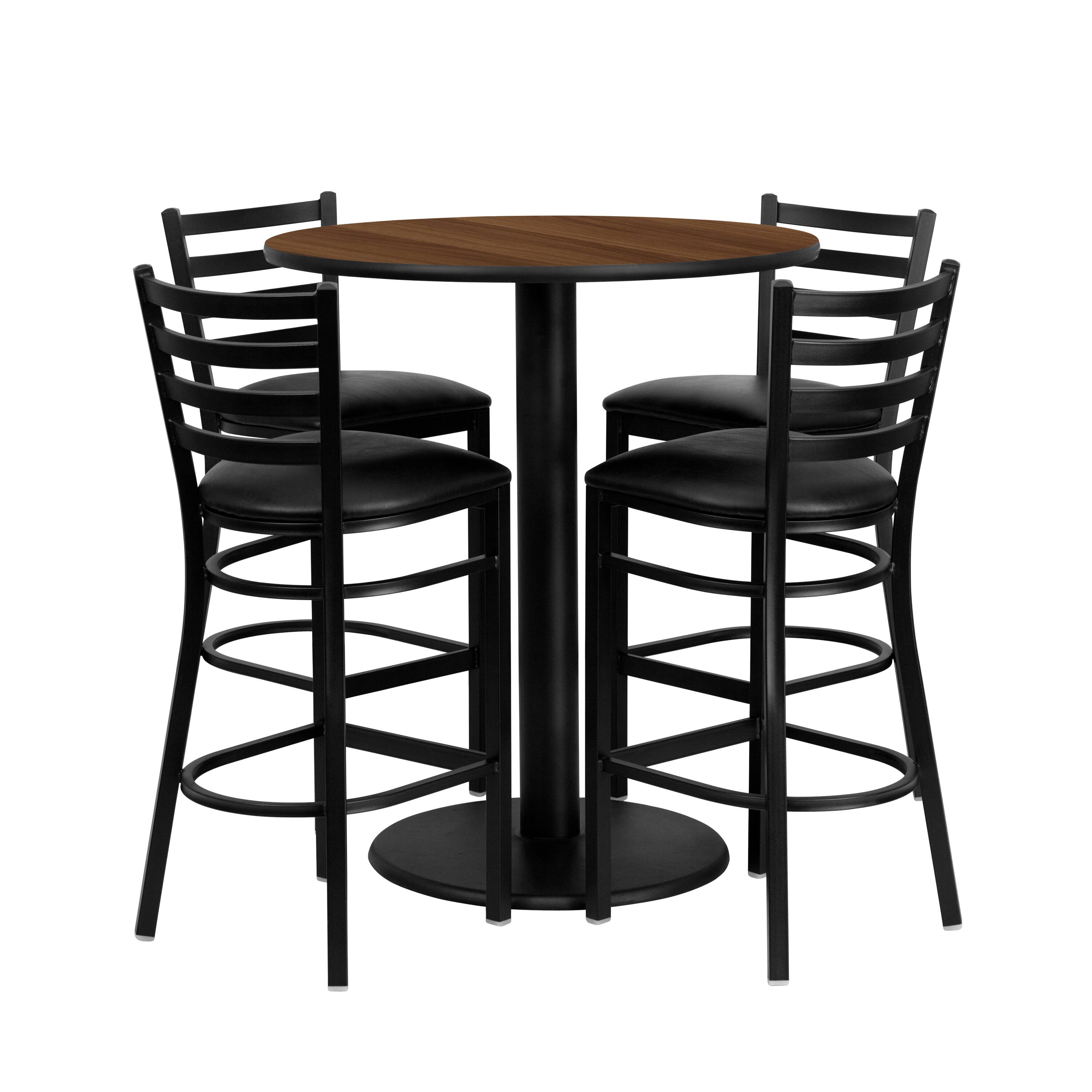 Front. Emma + Oliver - 36'' Round Laminate Table Set with 4 Ladder Back Metal Barstools - Walnut.