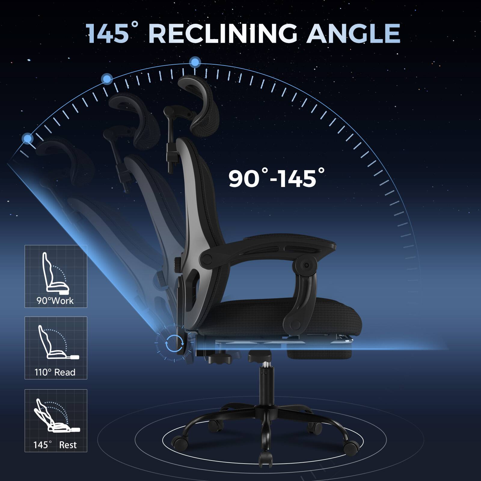 145° RECLINING ANGLE
90°-145°
90° Work
110° Read
145° Rest
