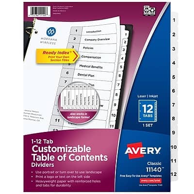 Sure, here is the corrected and grouped text:

---

**7 ARTS**

**1 Introduction**

**2 Company Overview**

**3 Policies**

**4 Compensation**

**5 Medical Benefits**

**6 Dental Plan**

**7 Nin a**

**8 Laser Inkjet**

**9 Aho works in landscape format**

**10 TABS**

**11 Table of Contents**

**12 AVERY Classic Dividers**

**1-12 Tab Customizable Dividers**

- Use portrait or turn over to use landscape
- Print a logo or text on the left side
- Heavyweight paper with reinforced holes and tabs for durability

**Ready Index™ Print Your Own Section Titles**

**1 SET**

**11140**

**Free Easy-To-Use Avery Templates**

**www.avery.com/templates**

---

This text is organized to reflect the sections and information provided in the image.