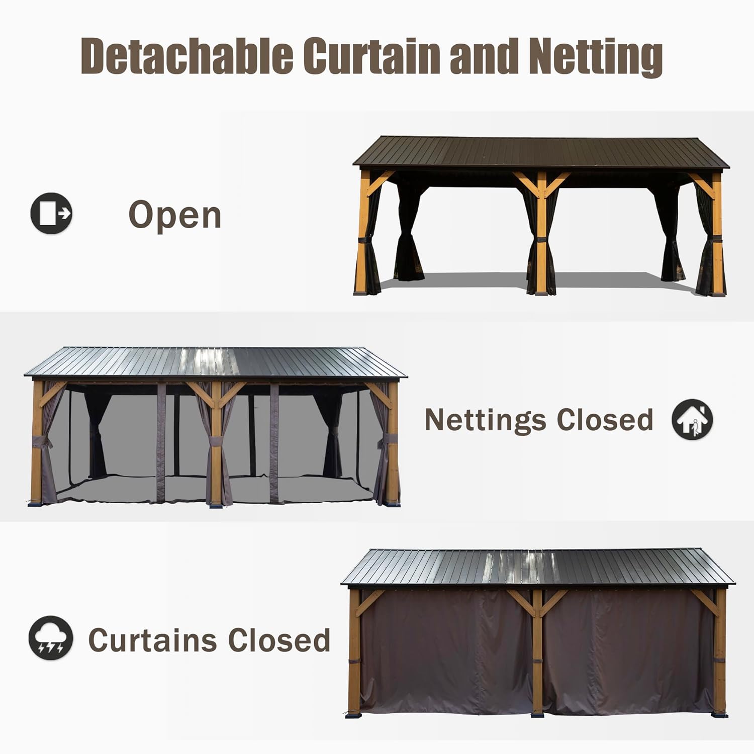 Detachable Curtain and Netting

- Open
- Nettings Closed
- Curtains Closed