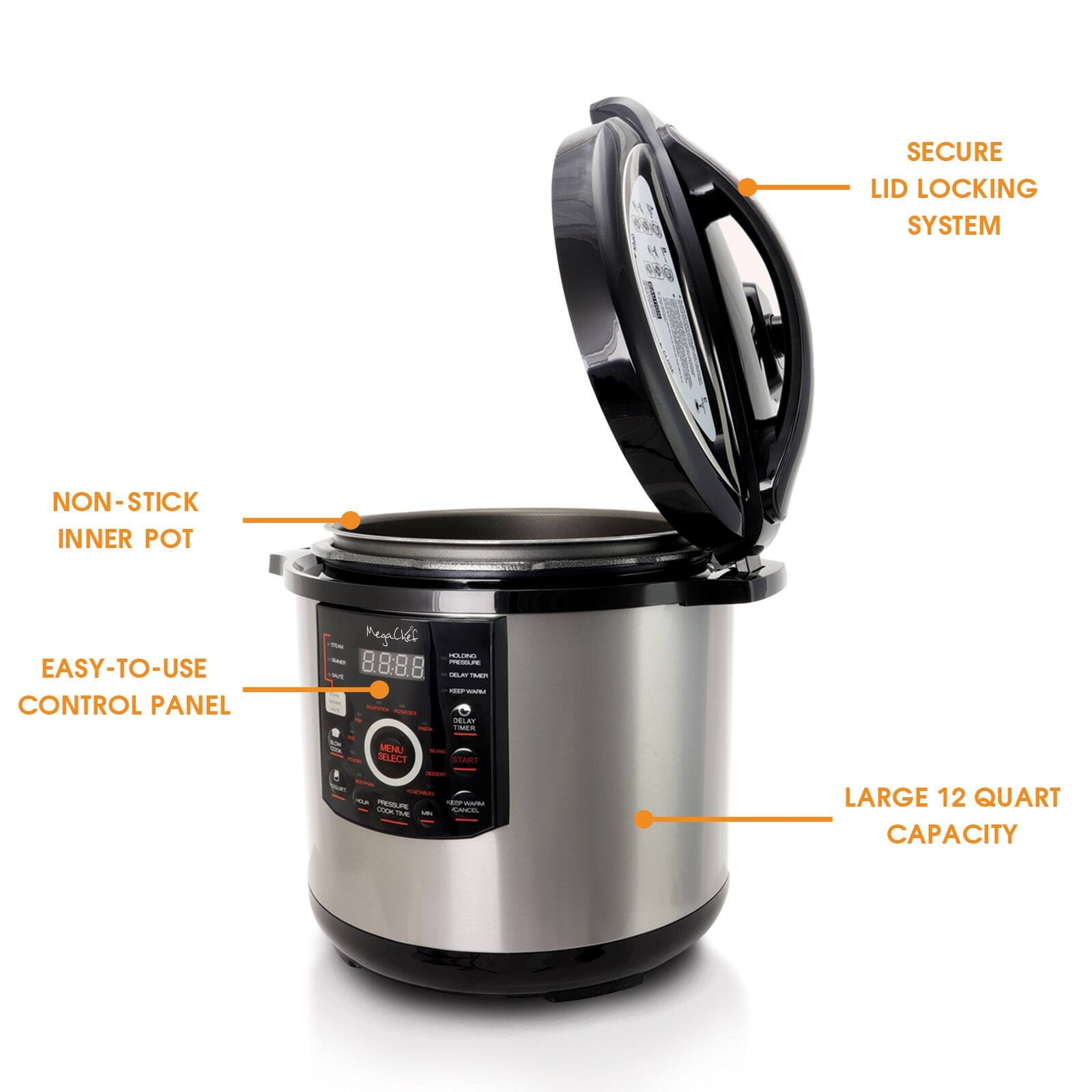 SECURE LID LOCKING SYSTEM, NON-STICK INNER POT, EASY-TO-USE CONTROL PANEL, LARGE 12 QUART CAPACITY