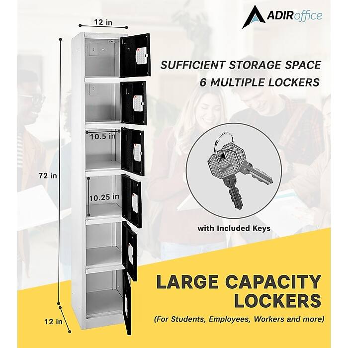 ADIRoffice, LARGE CAPACITY LOCKERS (For Students, Employees, Workers and more), SUFFICIENT STORAGE SPACE 6 MULTIPLE LOCKERS, with Included Keys, 12 in, 72 in, 10.5 in, 10.25 in