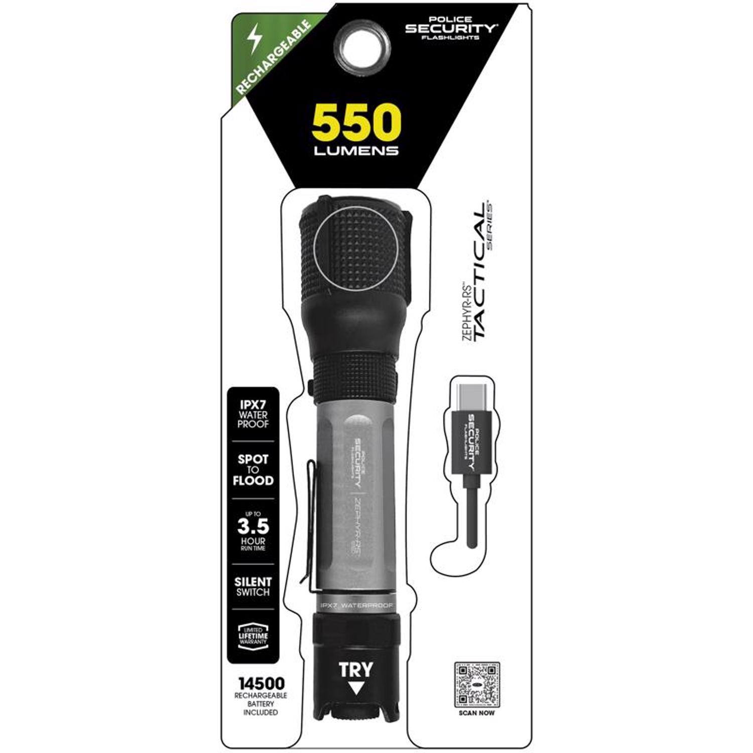 POLICE SECURITY FLASHLIGHTS RECHARGEABLE 550 LUMENS SERIES ZEPHYR-RS TACTICAL IPX7 WATER PROOF | SECURITY BLC SPOT TO FLOOD LF TO 3.5 HOUR aUN - SILENT SWITCH  WATERPROOF UNdro LIFETIMS BAANTY 14500 RECHARGEABLE BATTERY INCLUDED TRY SCAN mo