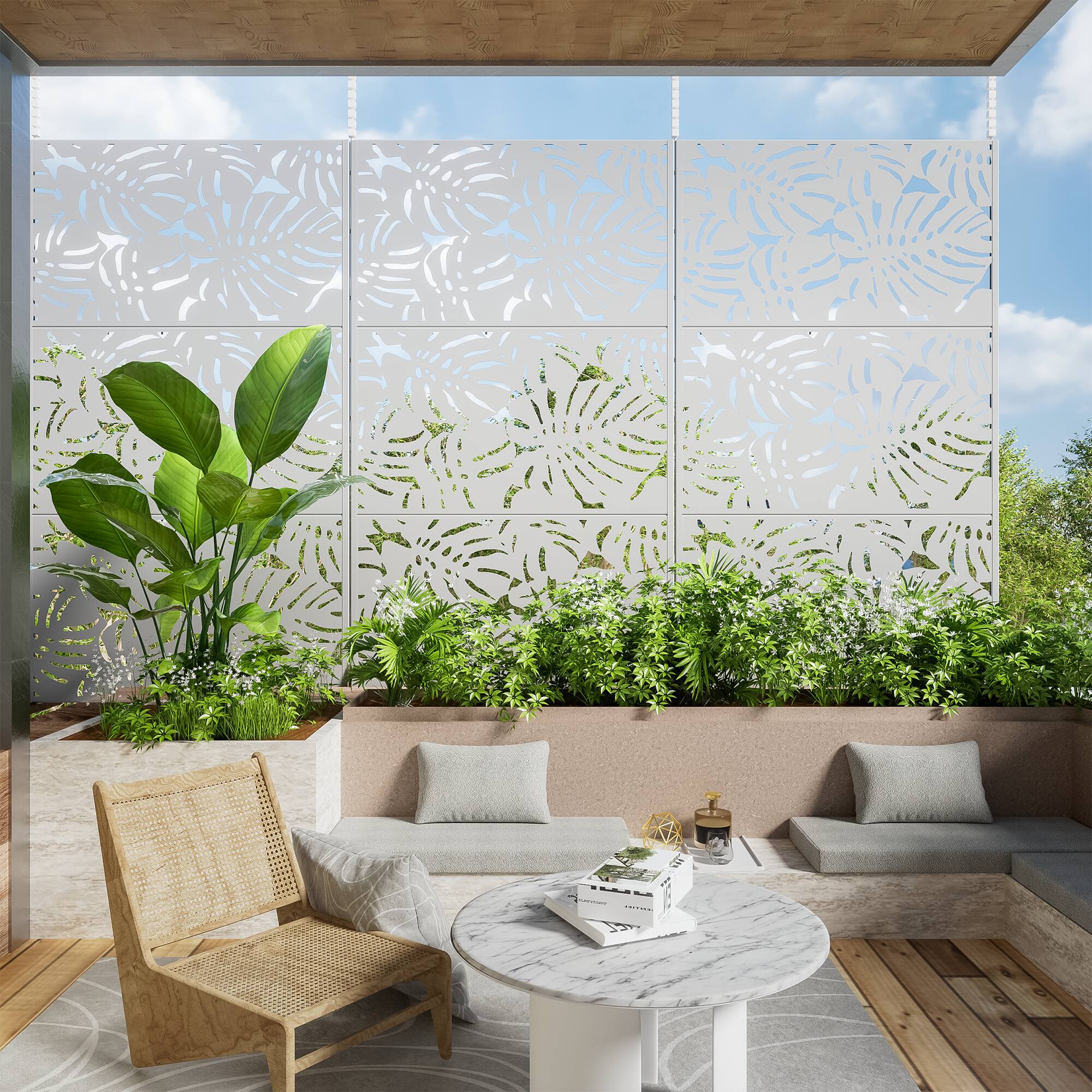 Alt View 4. PexFix - 72 in. x 47 in. Summer Pattern Metal Outdoor Privacy Screen & Panels, Freestanding Garden Divider Fence - White.