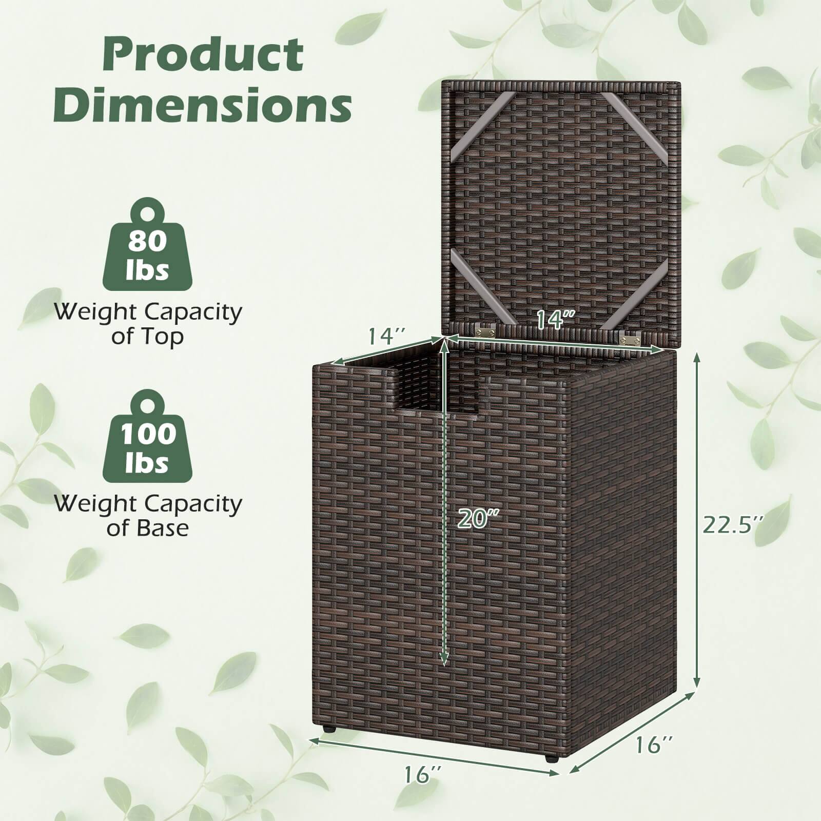Product Dimensions  
- Weight Capacity of Top: 80 lbs  
- Weight Capacity of Base: 100 lbs  
- Dimensions: 14" x 14" x 22.5" x 16" x 16"
