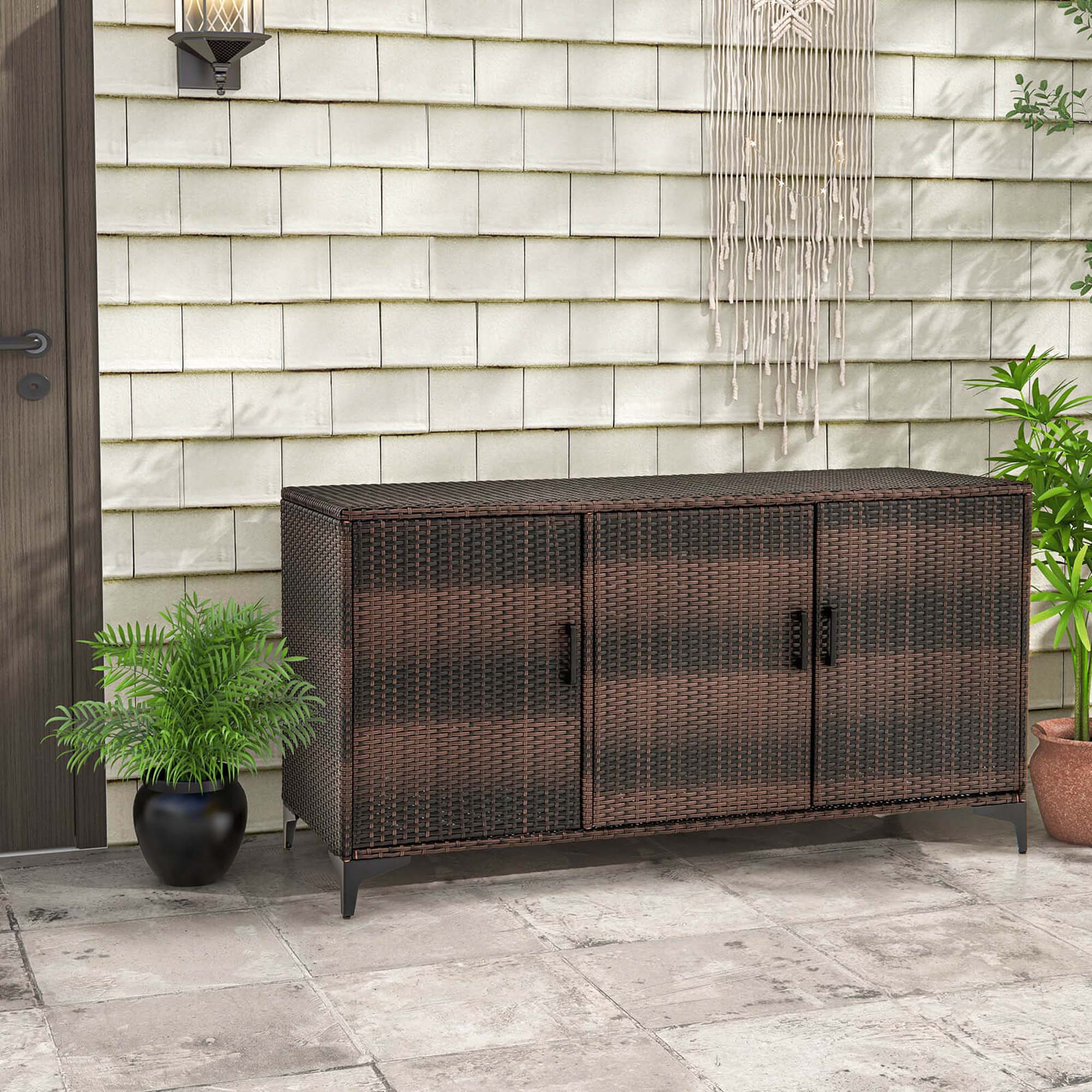 Back. Costway - 84 Gallon 3-Door Patio Wicker Storage Cabinet Deck Box with Removable Shelves - Brown.