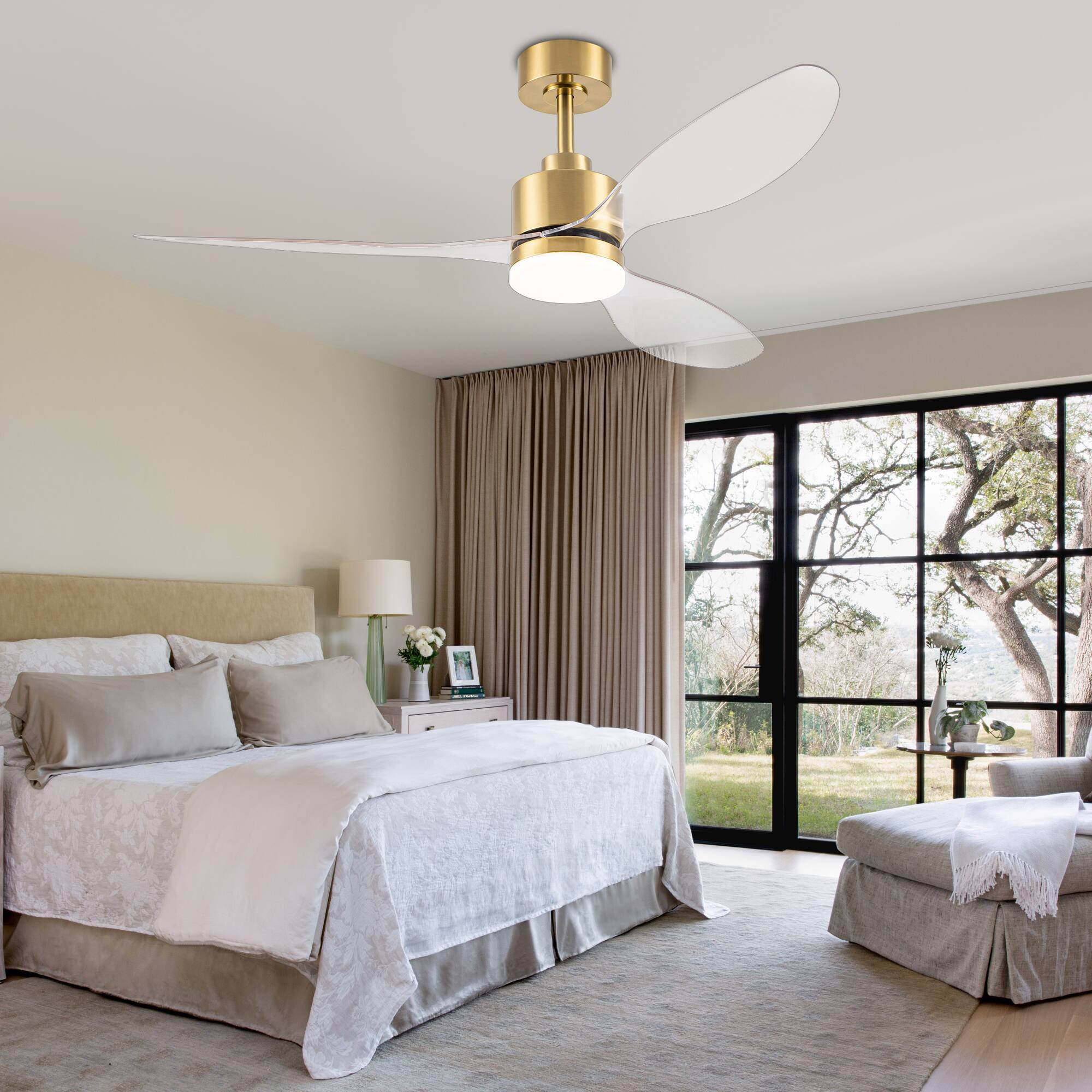 Alt View 8. Breezary - 52" Indoor Ceiling Fan, 3 ABS Blades, 6-Speed DC Motor, Remote Control, Memory/Timer, 3-Color LED Light, 5"/10" Downrods - Gold with Clear.