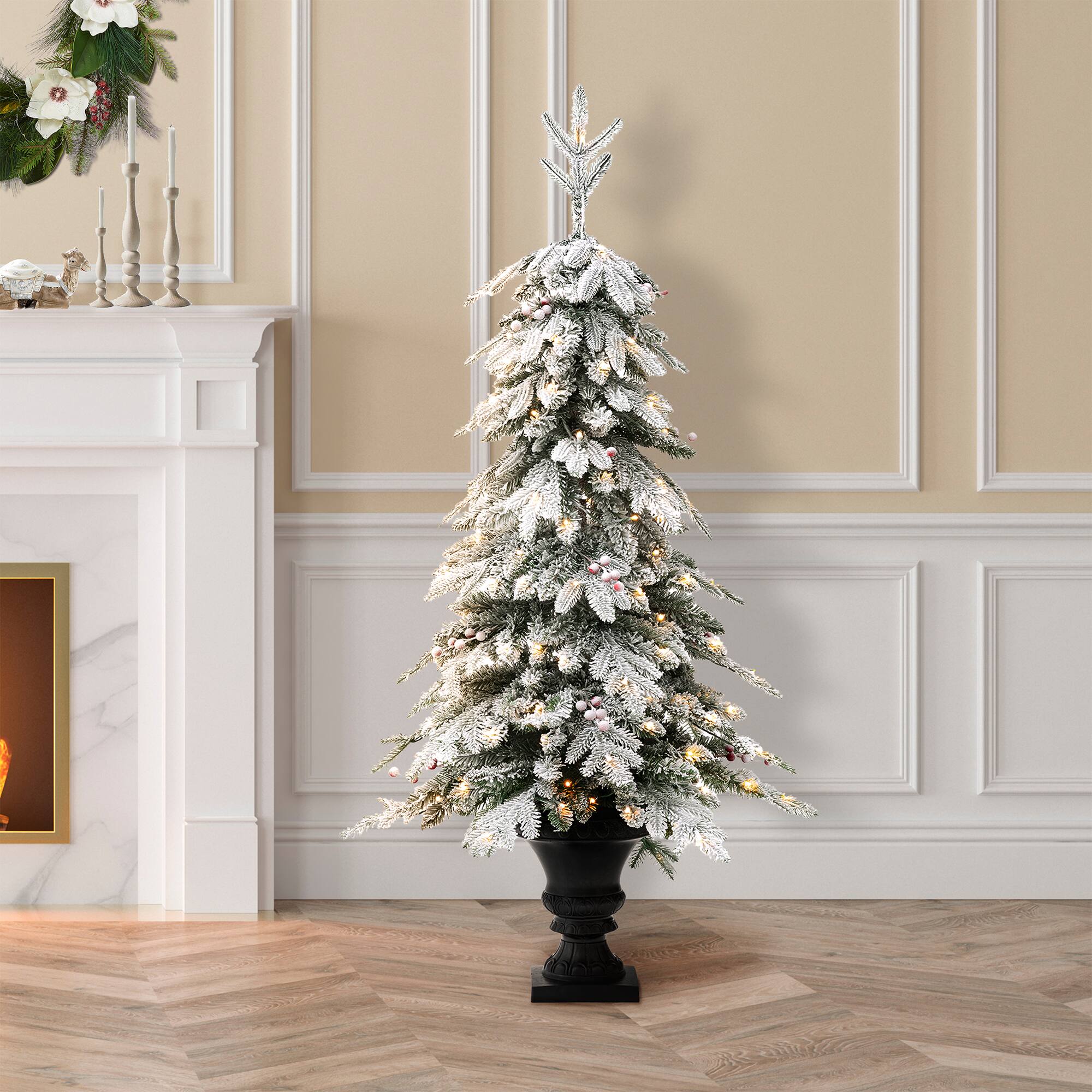 Alt View 8. Glitzhome - 5FT Pre-Lit Flocked Fir Artificial Christmas Porch Tree with 150 Warm White Lights and Red Berries - White.