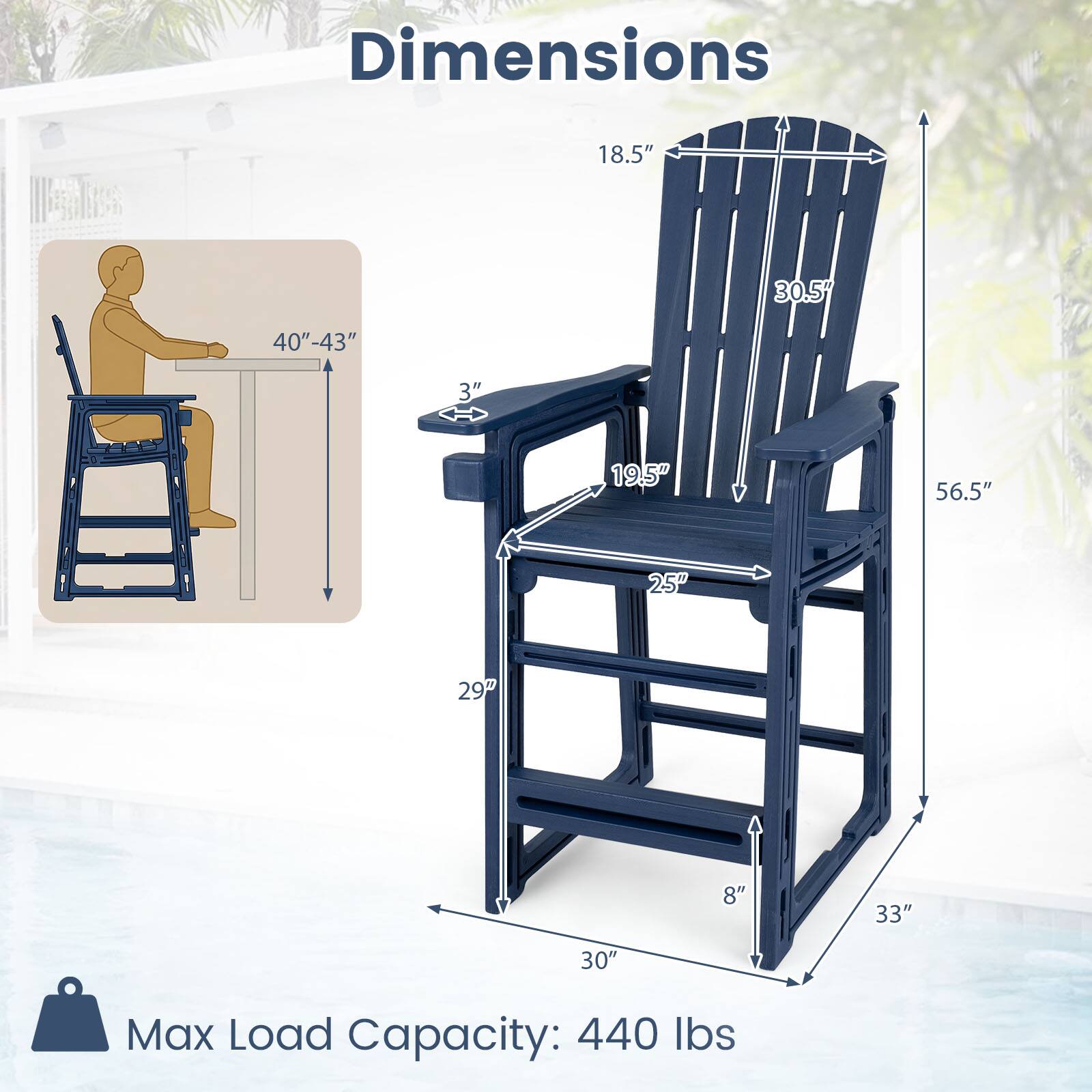 Dimensions: 18.5" x 30.5" x 40"-43" x 3" x 19.5" x 56.5" x 25" x 29" x 8" x 33" x 30"  
Max Load Capacity: 440 lbs