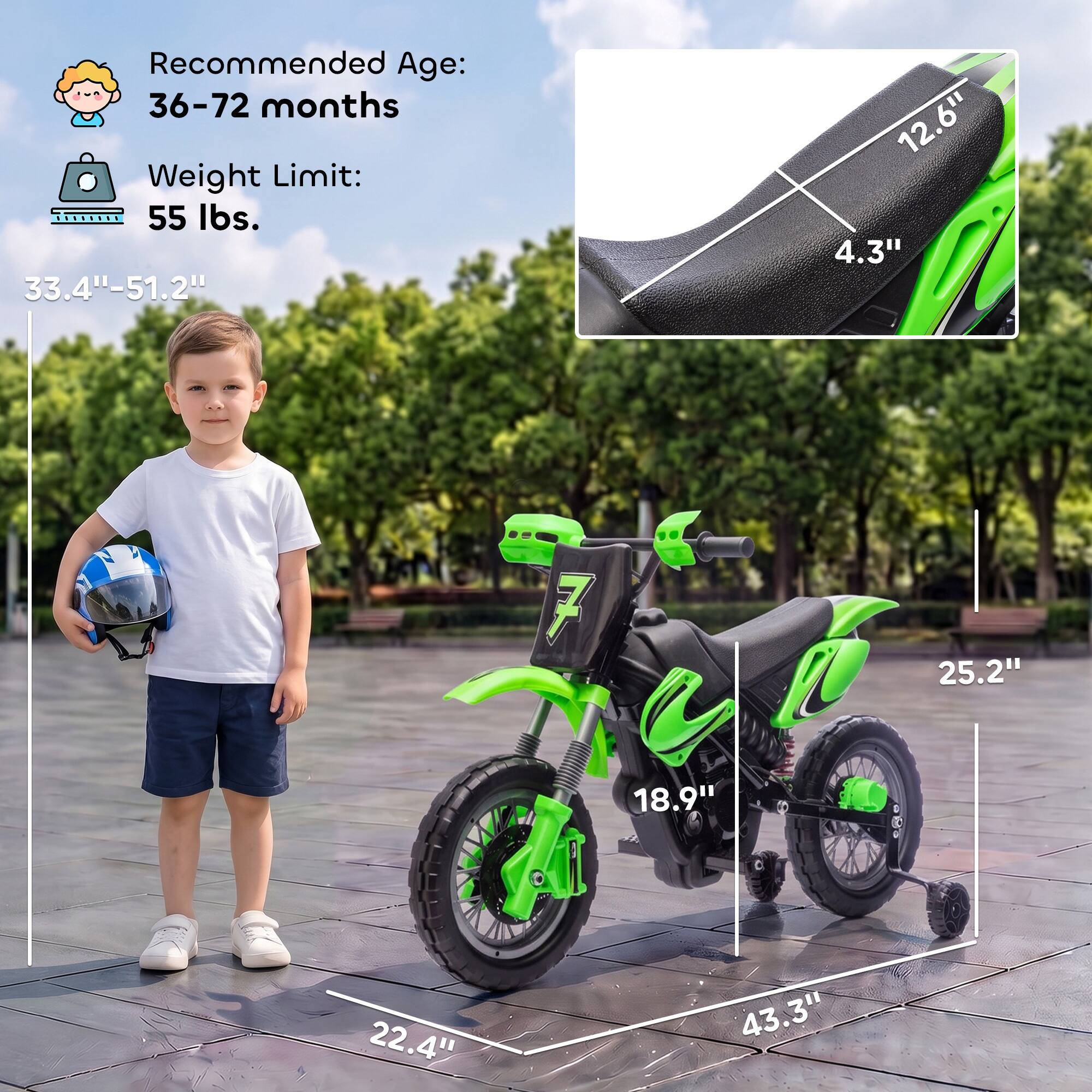 Recommended Age: 36-72 months  
Weight Limit: 55 lbs.  
33.4"-51.2"  
12.6" 4.3"  
7 V 18.9"  
25.2"  
22.4"  
43.3"