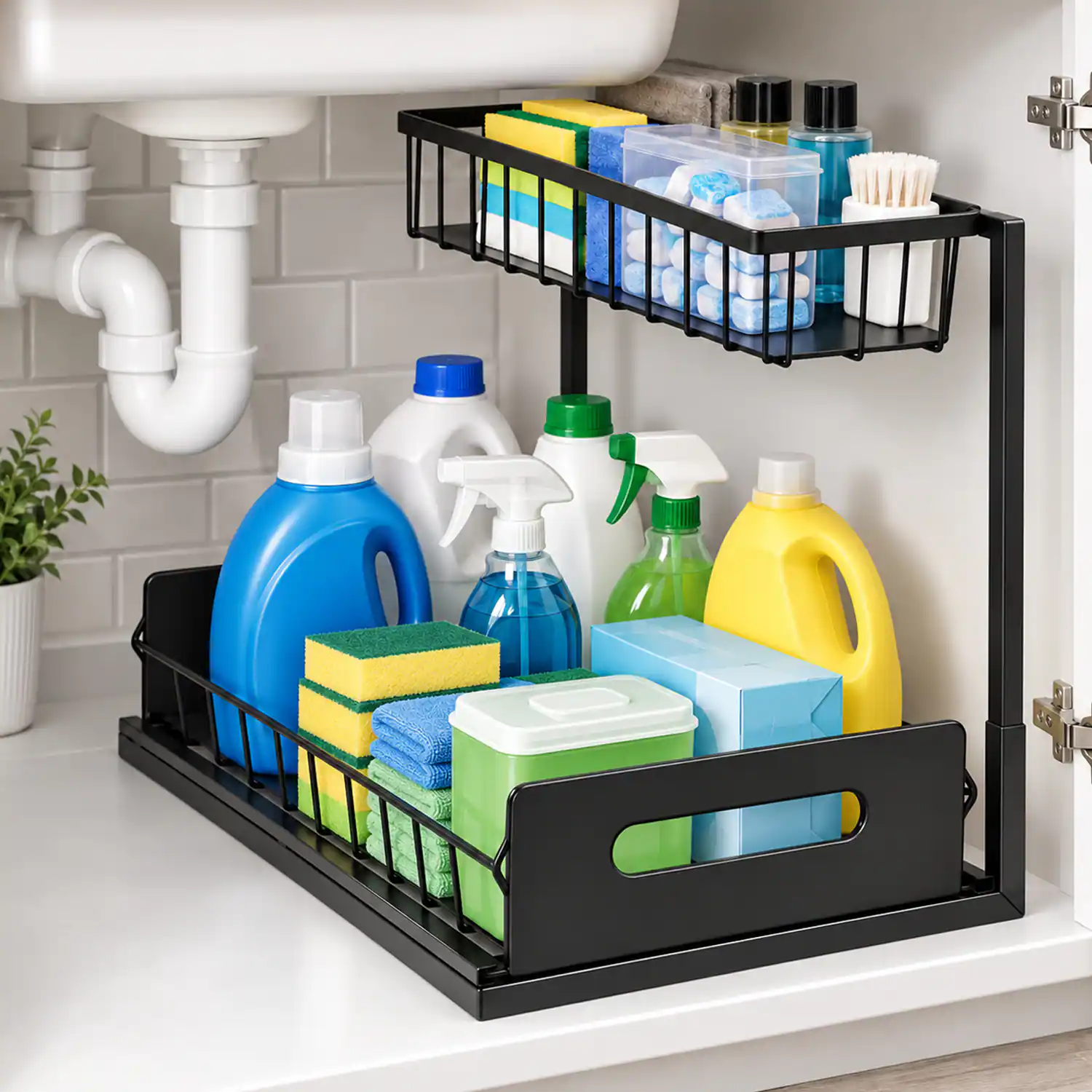 Front. Garnen - Under Sink Organizer Bathroom Organizer and Storage, 2-Tier Pull Out Cabinet Organizer Shelf for Kitchen Sliding Drawer - Black.