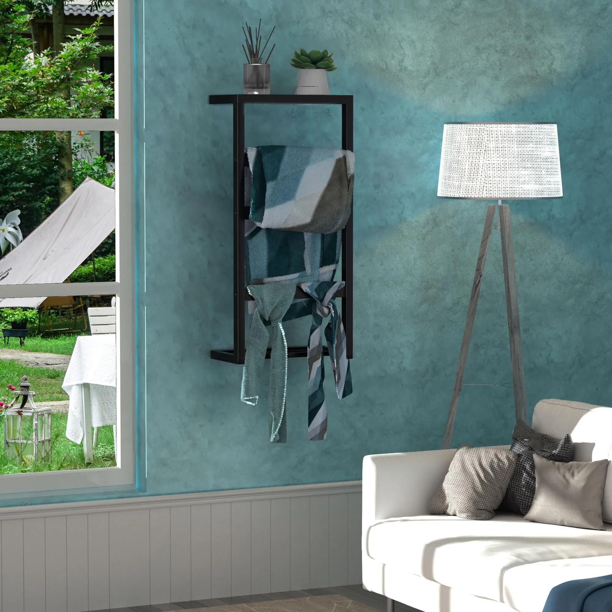 Alt View 1. Dazzed Corner - 4-Tier Bamboo Wall Blanket Ladder, Towel Racks - Black.