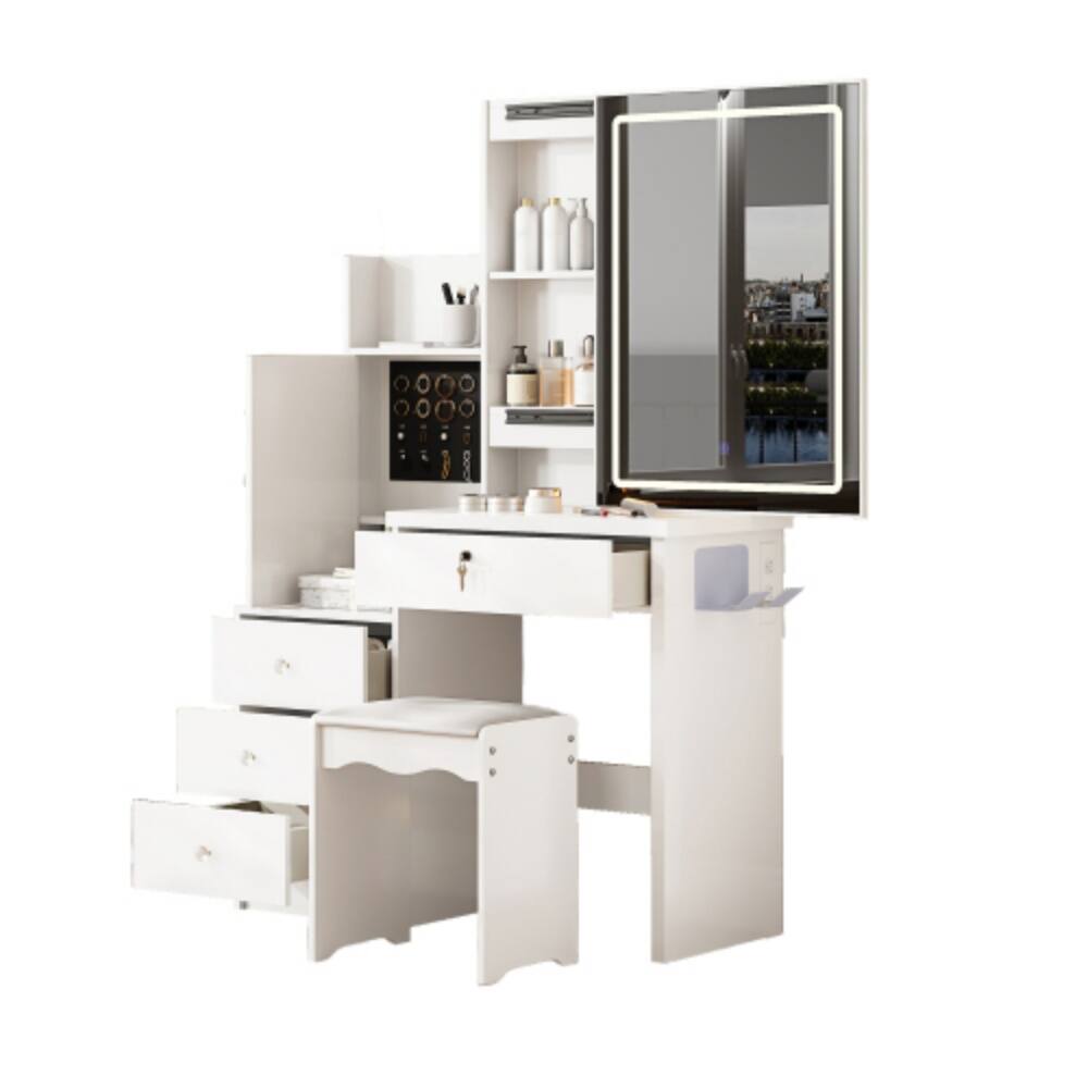 Alt View 5. LUCKY ONE - Vanity Set with Sliding Lighted Mirror, 4 Drawers, 9 Storage Spaces and Cushioned Stool for Bedroom - White.