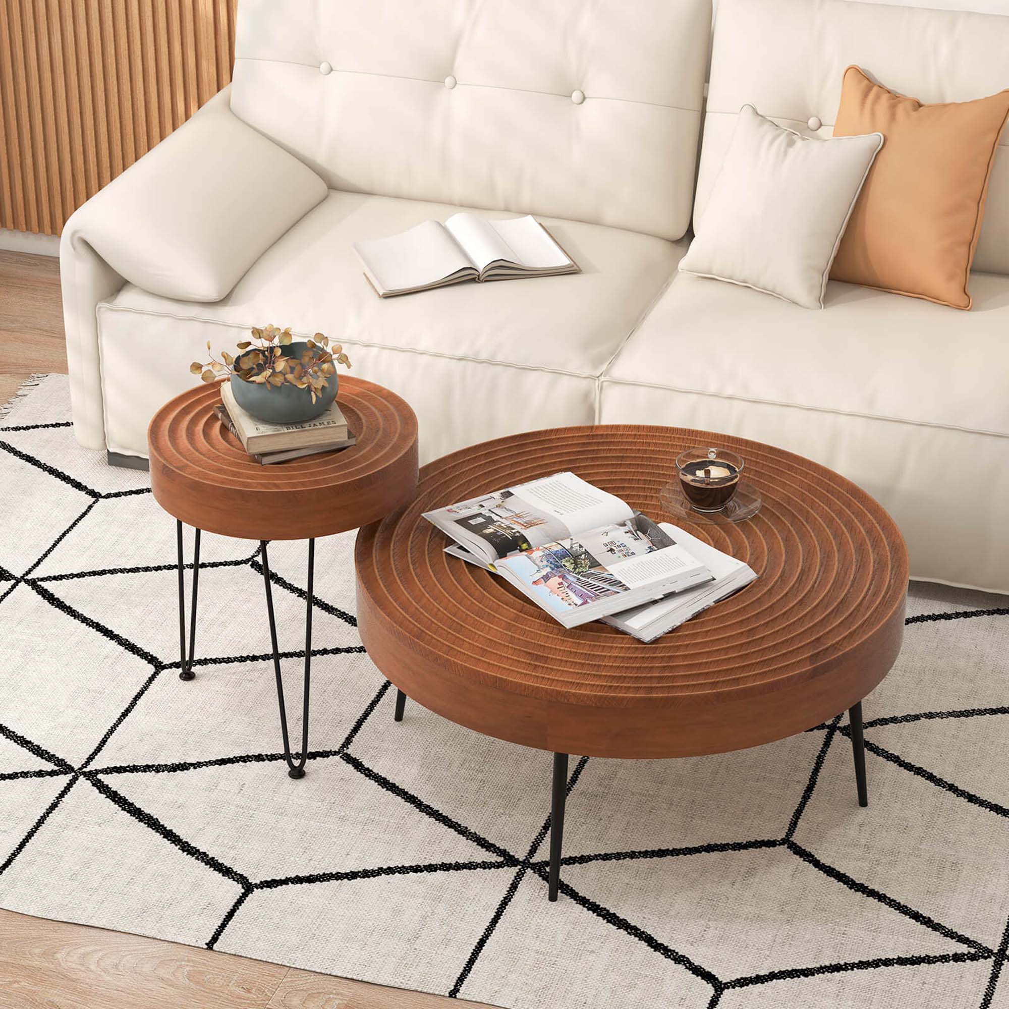 Alt View 11. Costway - Farmhouse Round CoffeeTable Set of 2 End Table Natural Finish for Living Room Brown - Brown.