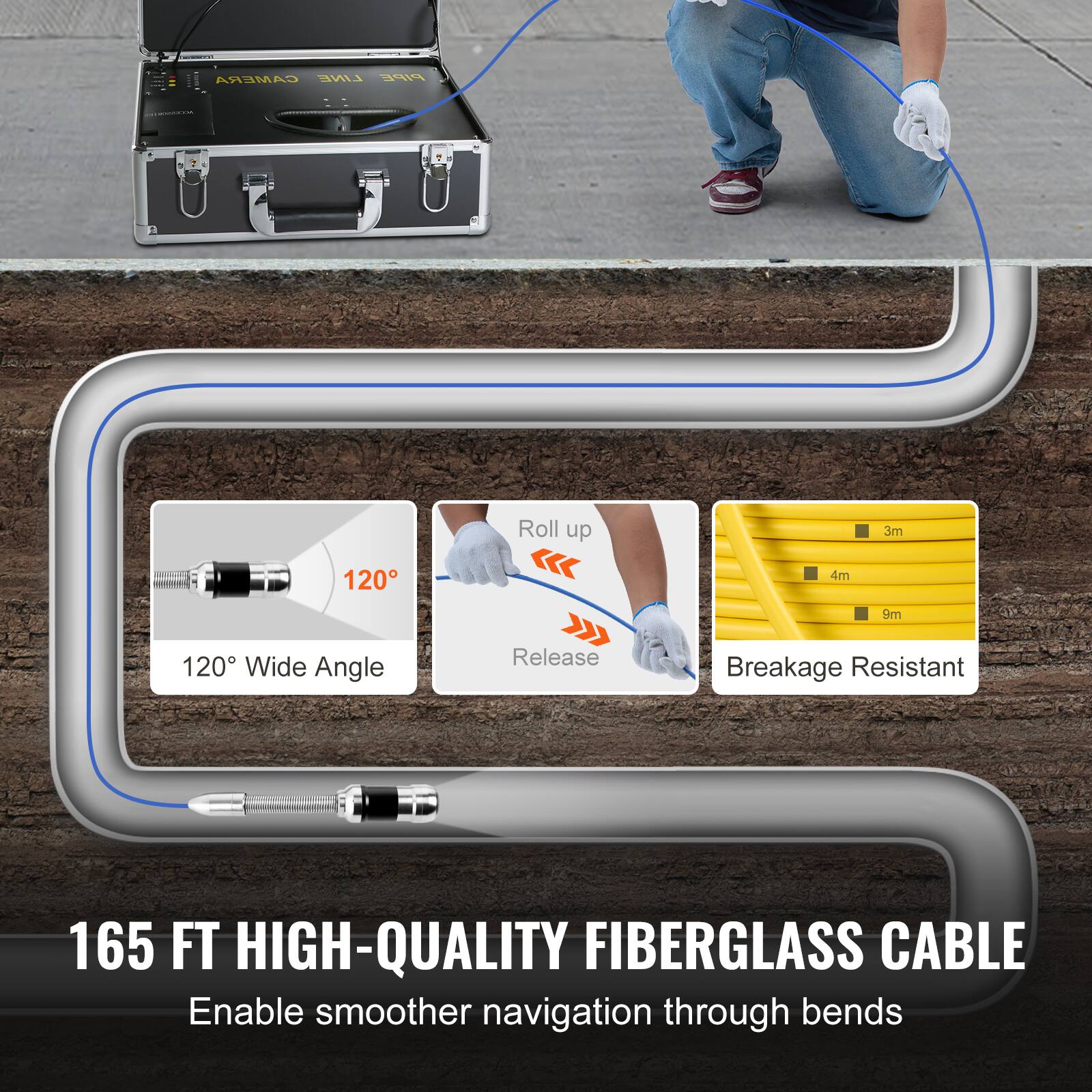 CAMERA LINE PIPE  
Roll up 3m 120° 4m 9m 120° Wide Angle Release Breakage Resistant  
165 FT HIGH-QUALITY FIBERGLASS CABLE  
Enable smoother navigation through bends