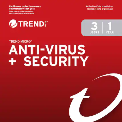 Continuous protection renews automatically each year. Credit card or PayPal required for auto-renewal subscription and use.
TREND MICRO™
TREND MICRO™ ANTI-VIRUS + SECURITY
3 USERS | 1 YEAR
Activation Code provided on receipt at time of purchase