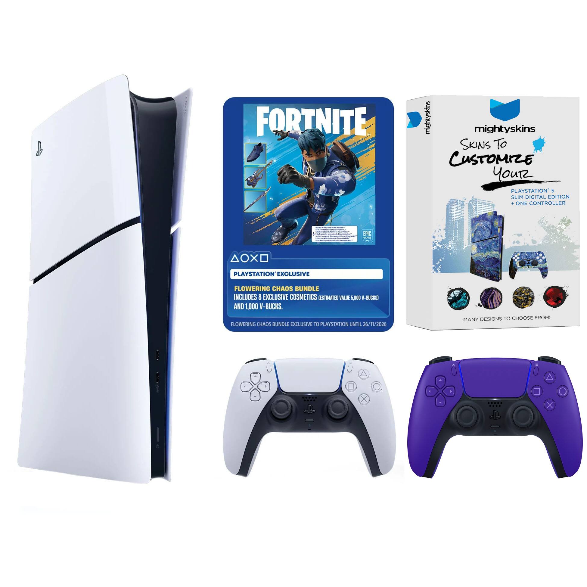FORTNITE mightyskins SKINS To CUSTOMIZE YOUR PLAYSTATION & SUM DIGITAL CUSTOMIZATION. ONE CONTROLLER D AOX PLAYSTATION EXCLUSIVE FLOWERING CHAOS BUNDLE INCLUDES 8 EXCLUSIVE COSMETICS ESTIMATED VALUE 1,000 + -800 AND 1,000 V-BUCKS. FLOWERING CHAOS BUNDLE EXCLUSIVE TO PLAYSTATION UNTIL 26/11/2026 MANY DESIGNS TO CHOOSE FROM